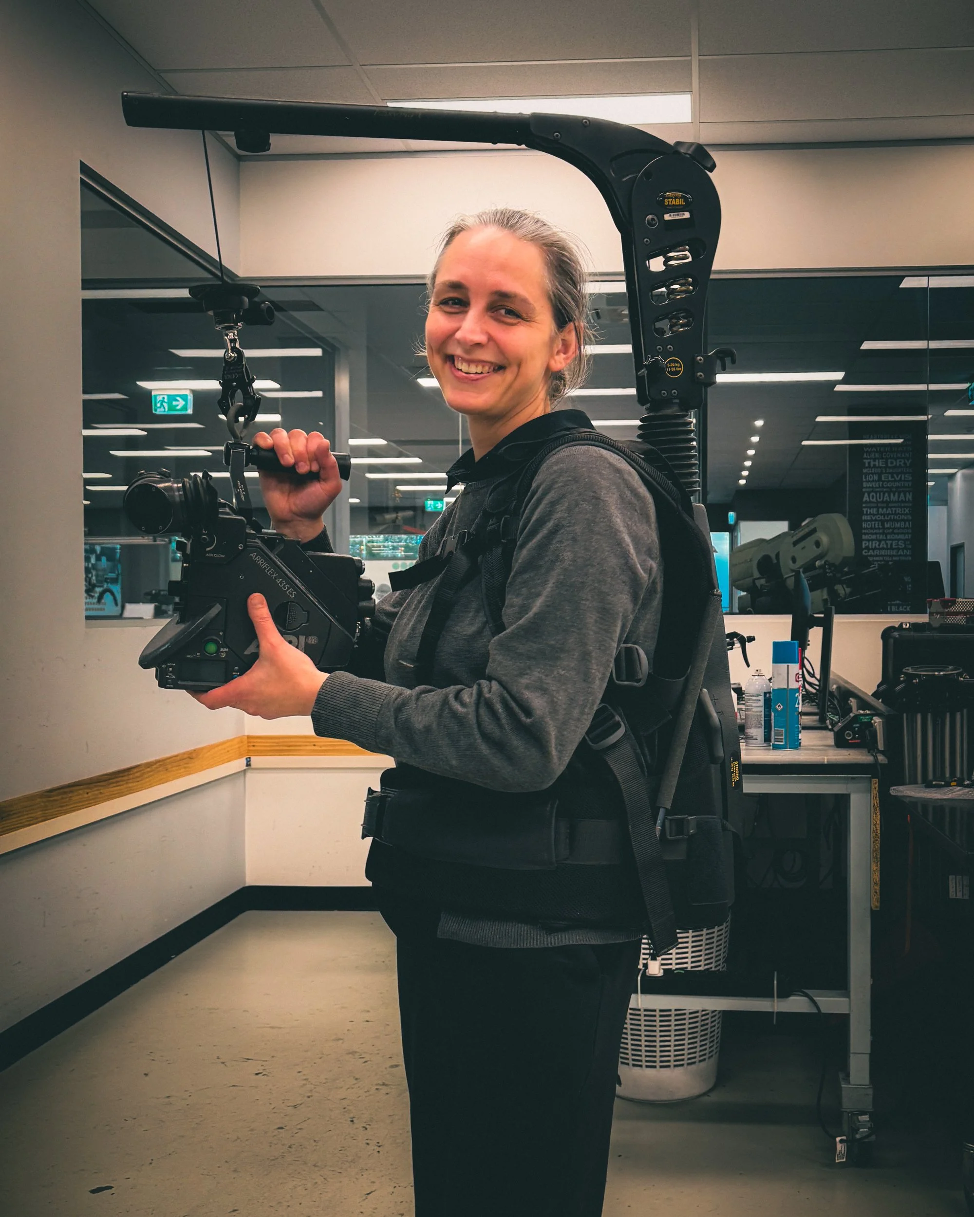 Trying out the Easyrig Vario 5 with an ARRIFLEX 435ES film camera at Panavision.