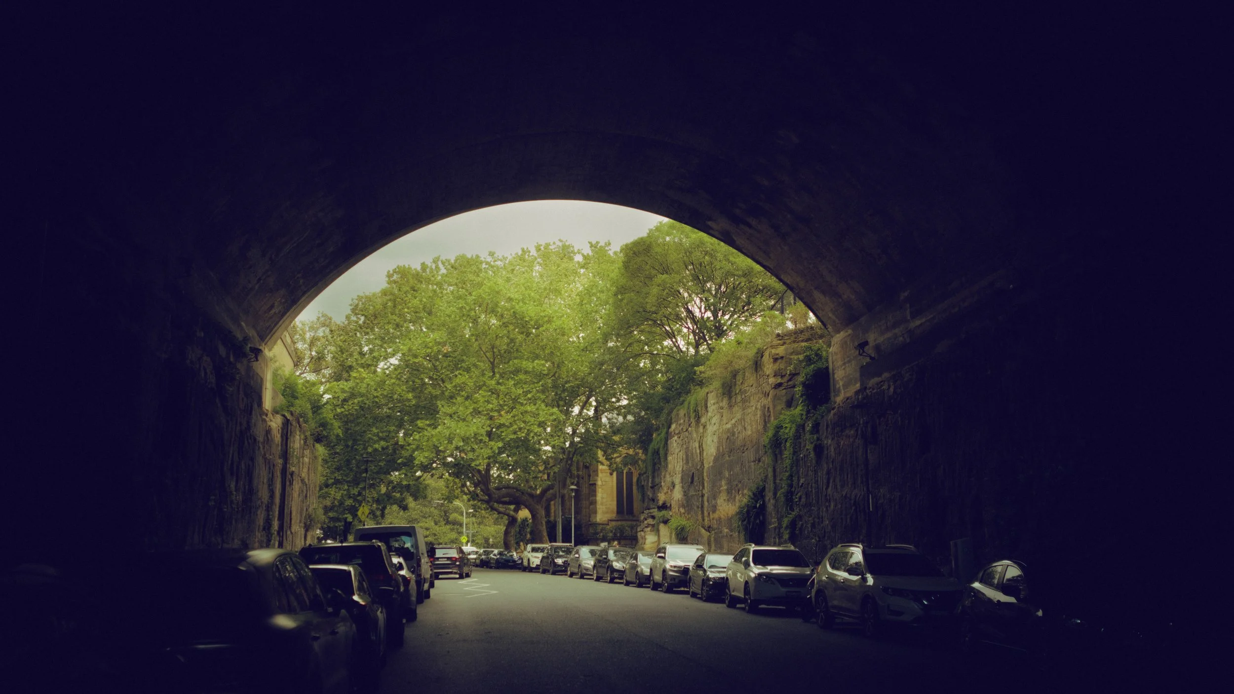 View from inside a tunnel looking out at a street with parked cars and a large green tree.