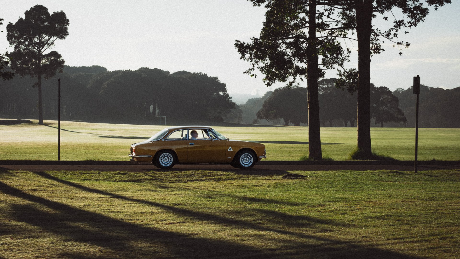 A vintage brown car parked on a grassy area near trees in a park during the daytime with long shadows, possibly late afternoon or early evening.
