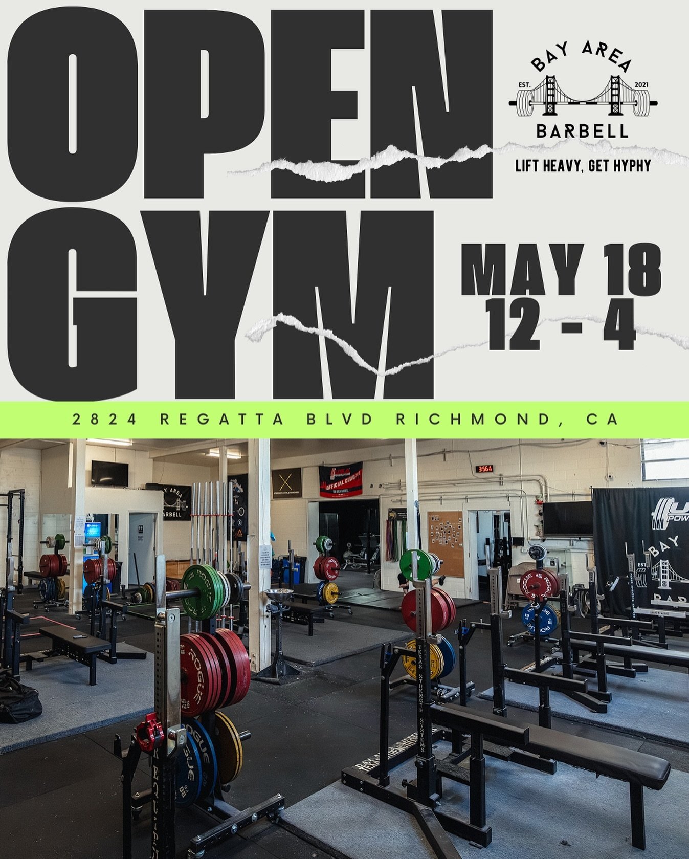 Open gyms at BAB are coming to you new this year!

Slide through to our gym to catch some PRs, a pump before your weekend plans or to check out our space! Send this post to someone you want to check BAB out with because passes are free from 12P -4P! 
