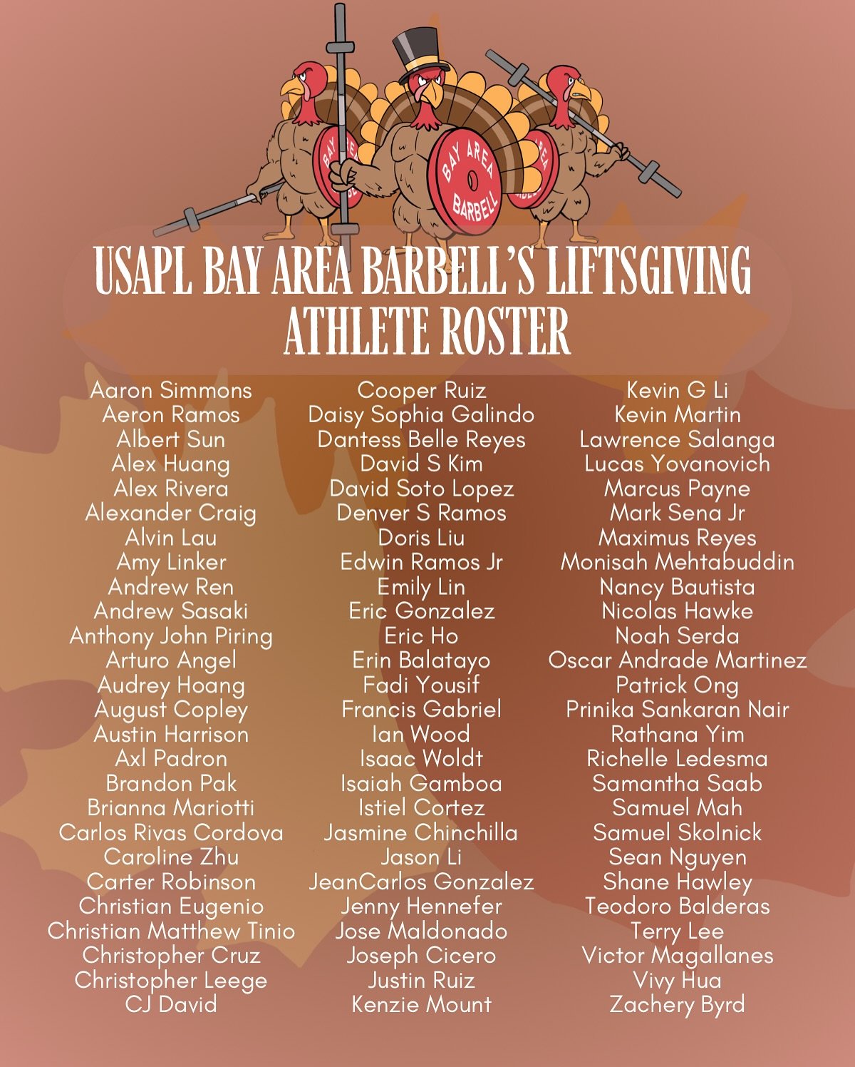 Now serving the 2024 @usapowerlifting Bay Area Barbell&rsquo;s
Liftsgiving athlete roster 💪🦃

Tag who you&rsquo;re coming to support in the comments and swipe to see session information and timing but more to come for meet information soon!

📍Bay 