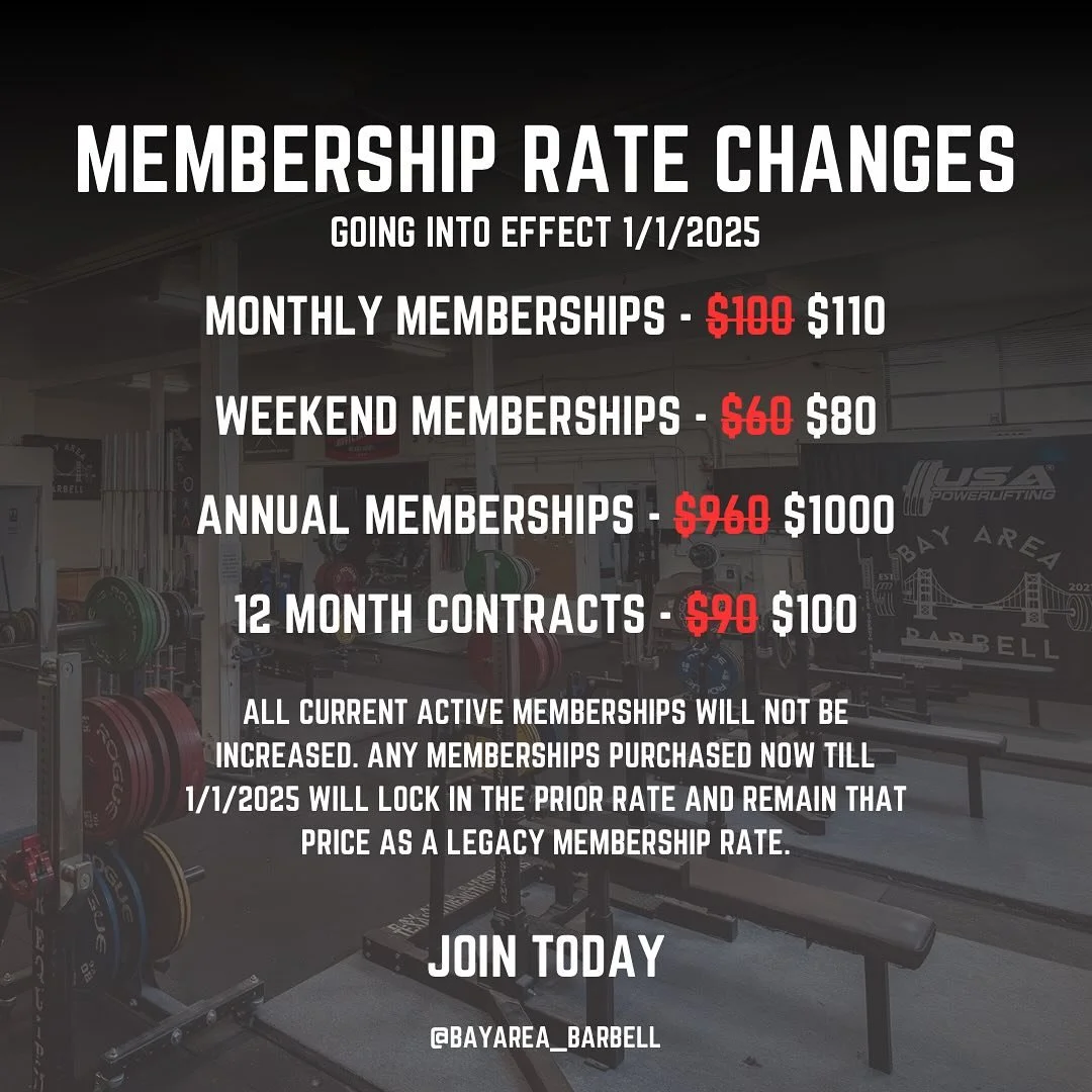 Bay Area Barbell is committed toward bringing more to your memberships with new equipment, 24-hour memberships and more engaging events in the new year. With that said, we are increasing our membership rates starting January 1, 2025. All current and 