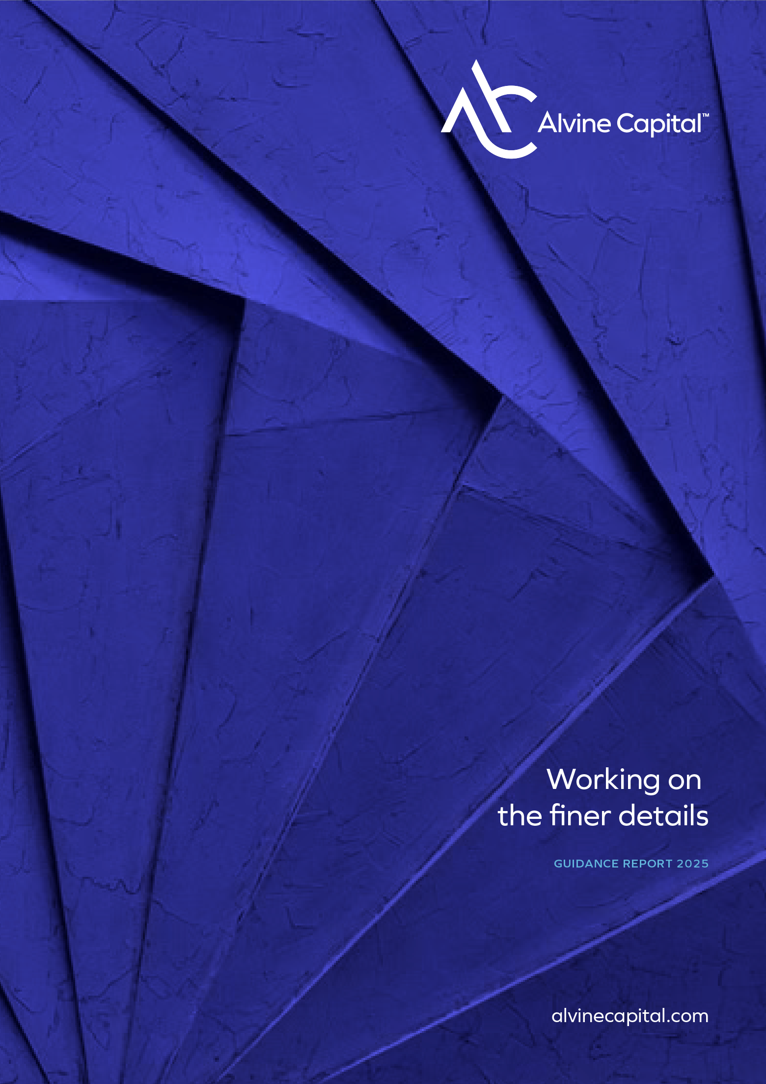 Cover page of a report with a dark blue textured background looking like folded paper. It has the Alvine Capital logo at the top right, and the text 'Working on the finer details' with 'GUIDANCE REPORT 2025' below, and a website url alvinecapital.com at the bottom.