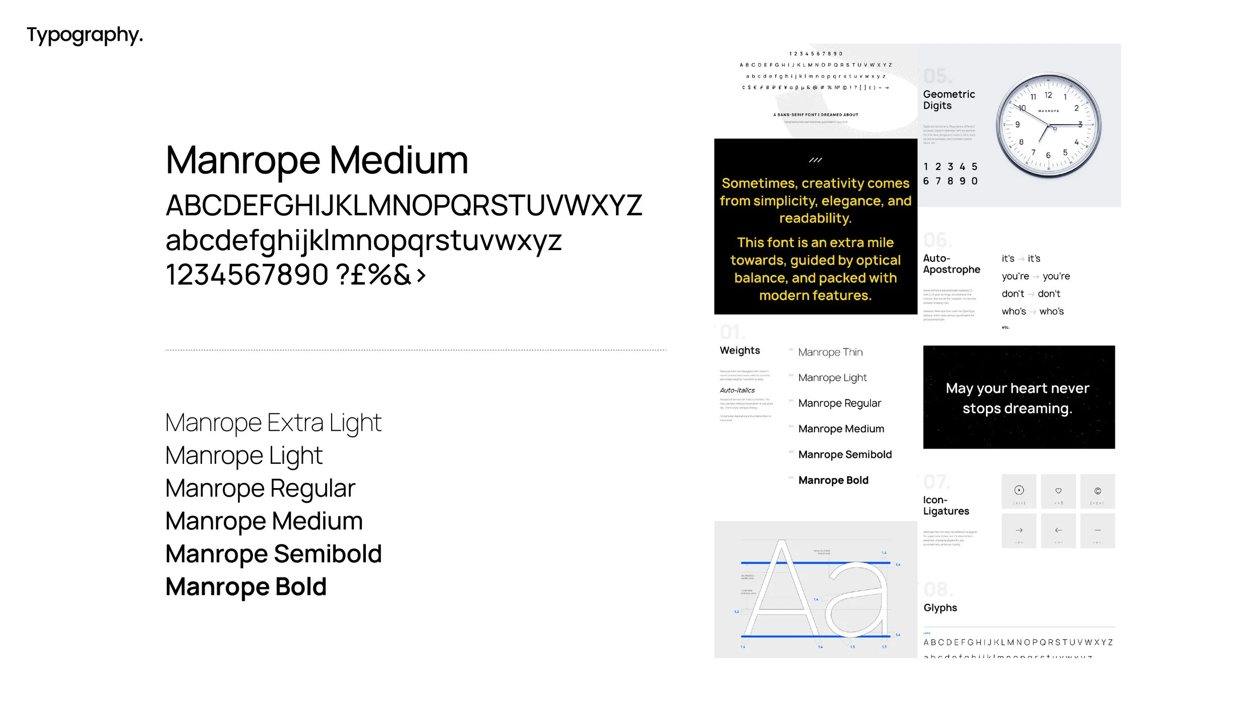 Page shows typography styles and font examples for Manrope font, including alphabet, numbers, and symbols, with sample texts and descriptions of font weights and features.