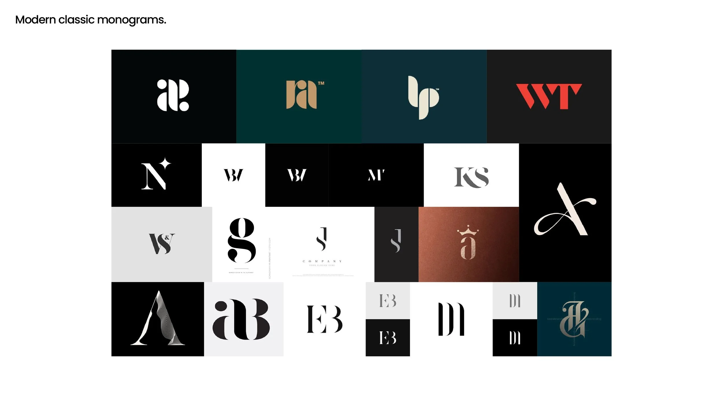 Collection of modern classic monogram logos featuring various stylized letter designs in black, white, and neutral tones, arranged in a grid.
