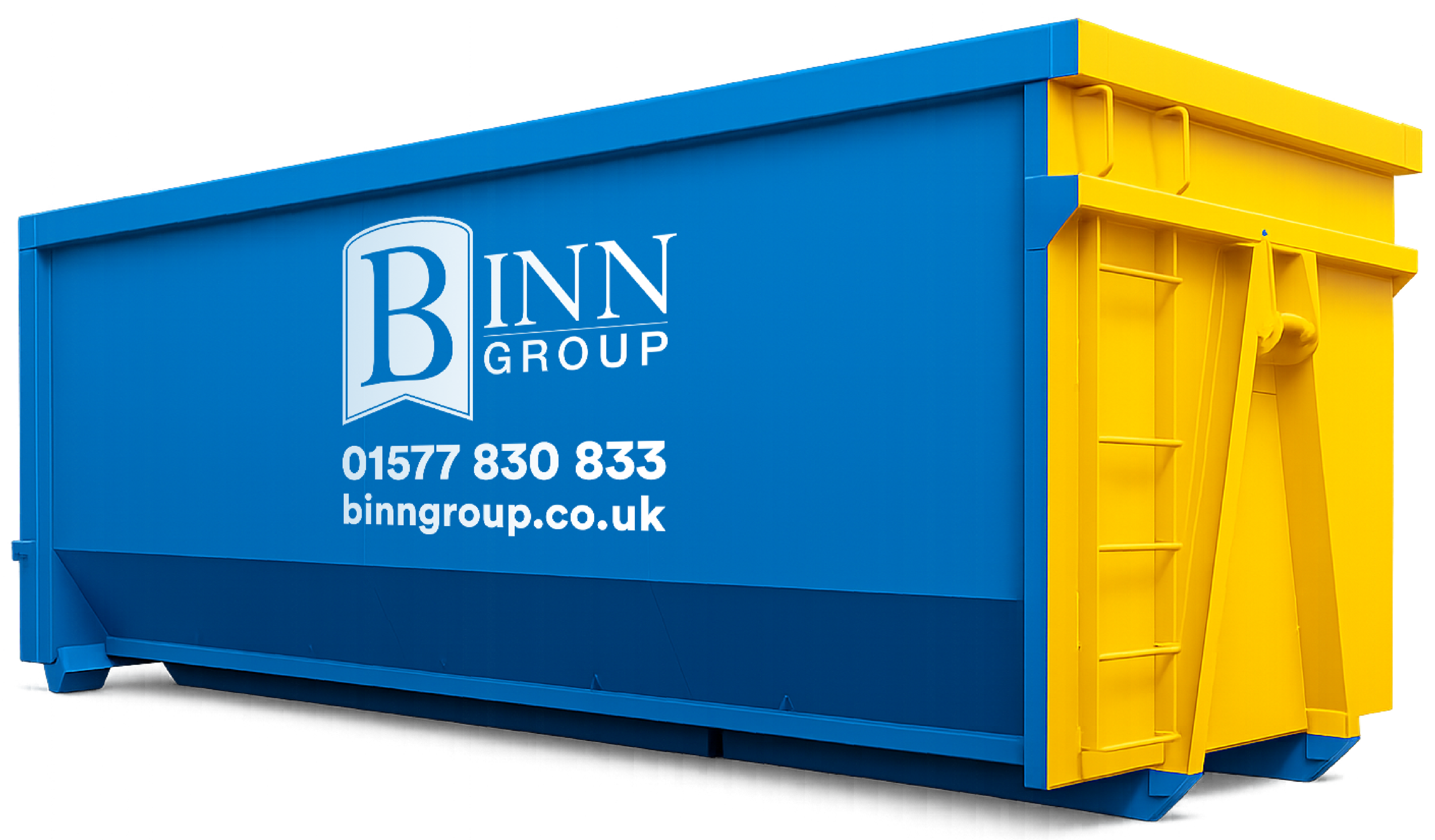 A large blue and yellow storage container with the Binn Group logo, phone number, and website displayed on the side.