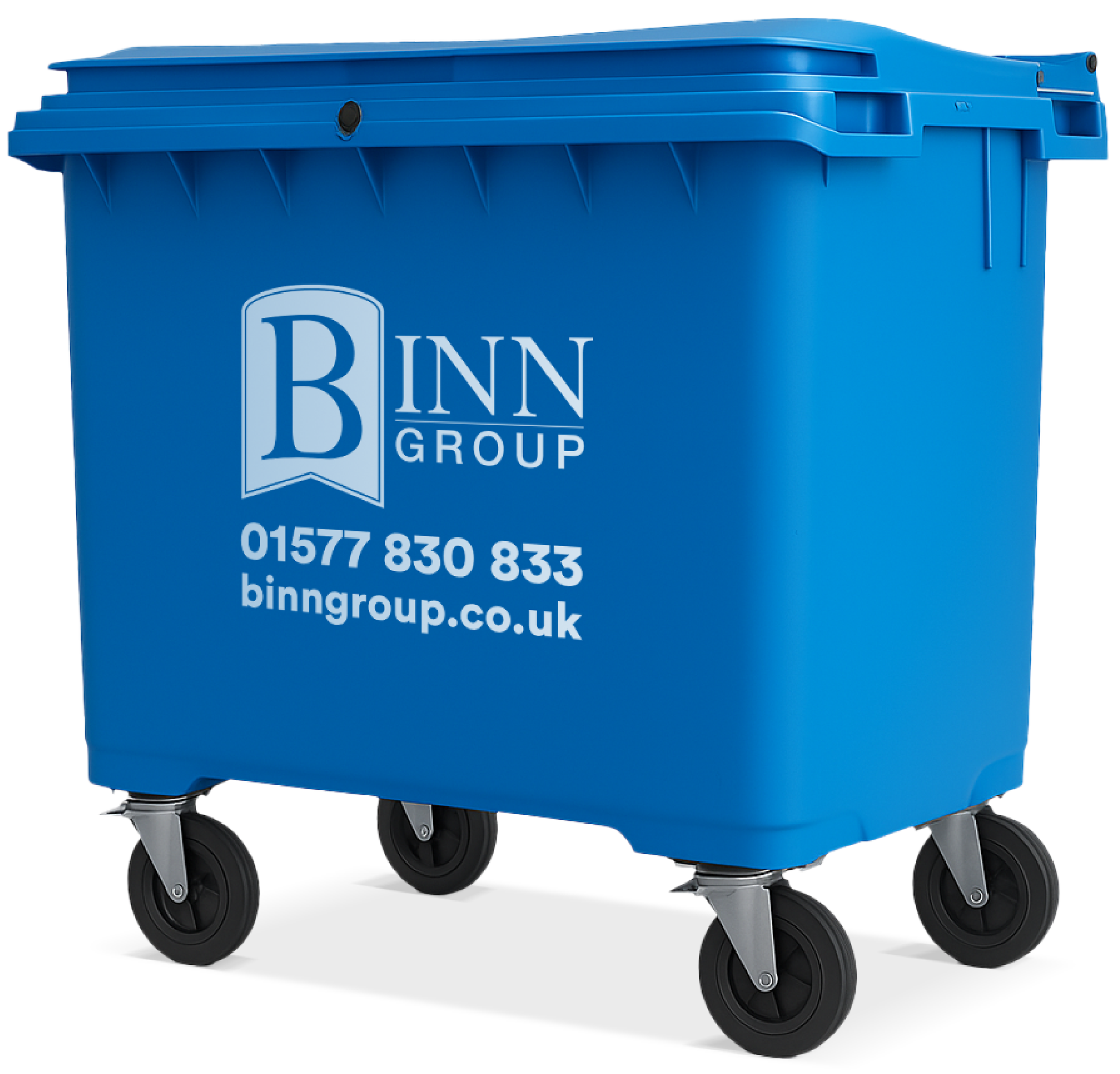Blue trash bin with the Binn Group logo, phone number, and website on the side.