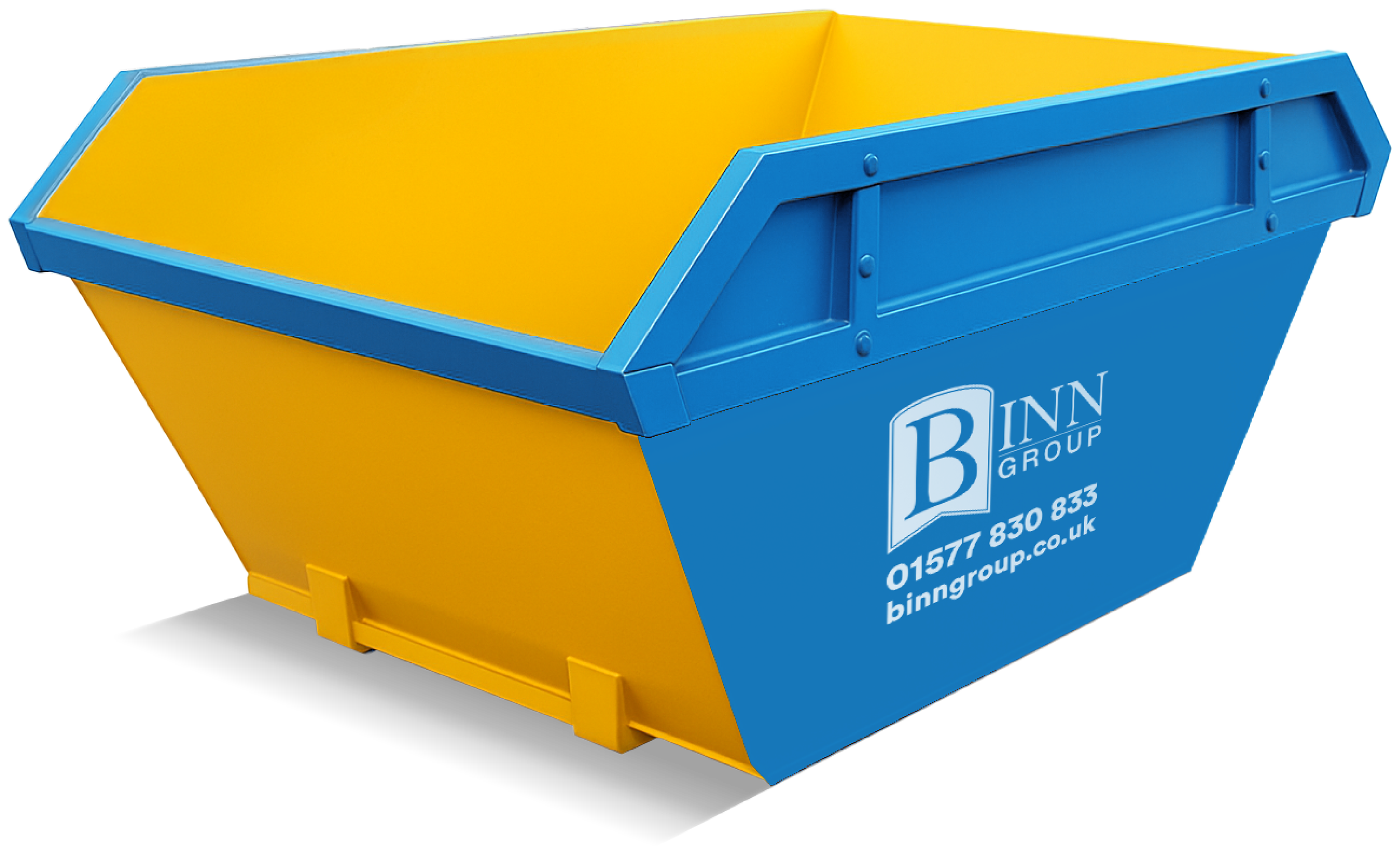 Blue and yellow dumpster with the B Inn Group logo, contact number, and website.