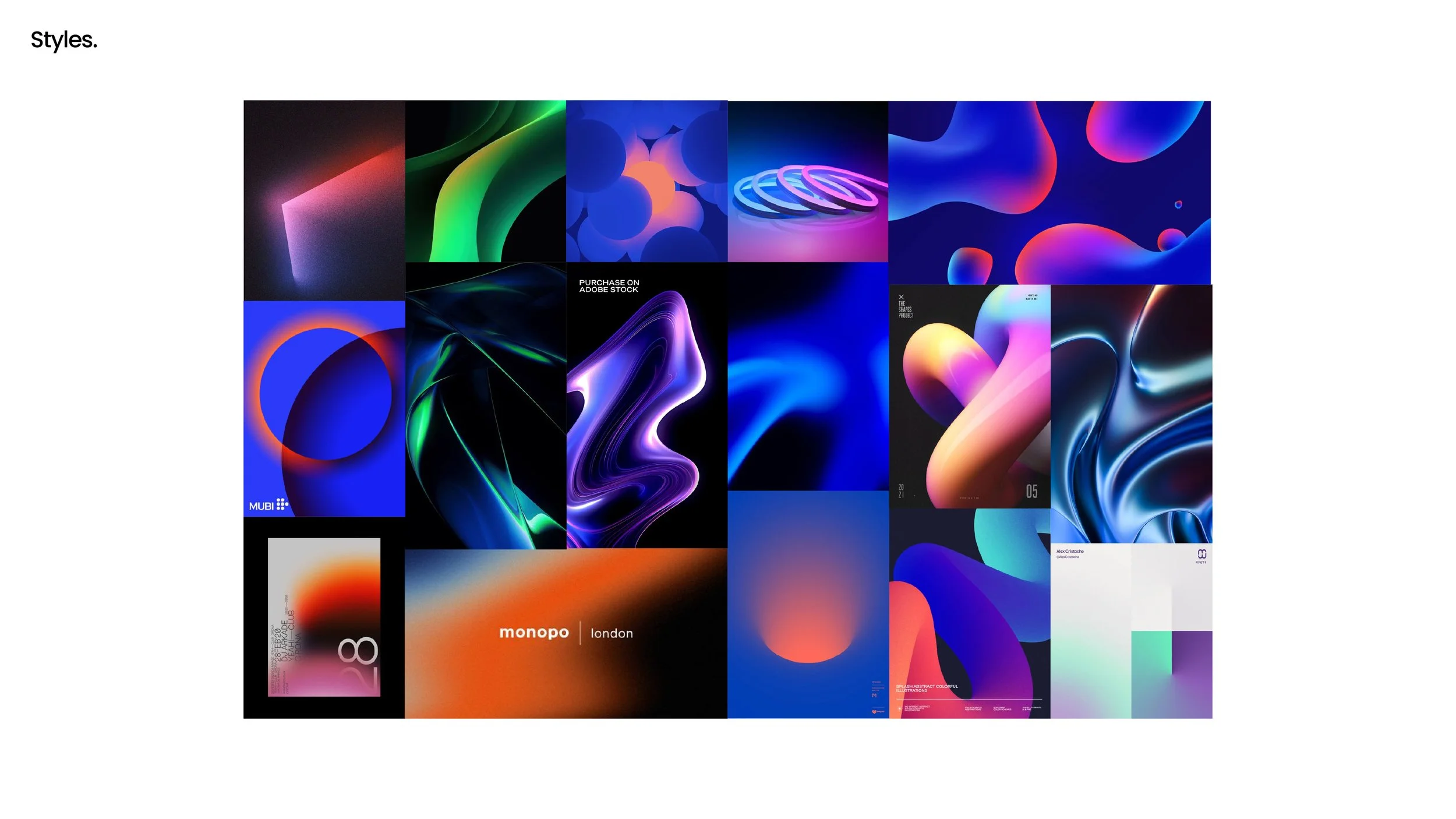 A collage of various abstract, colorful digital art pieces with swirling and glowing shapes in shades of blue, pink, purple, green, and orange.