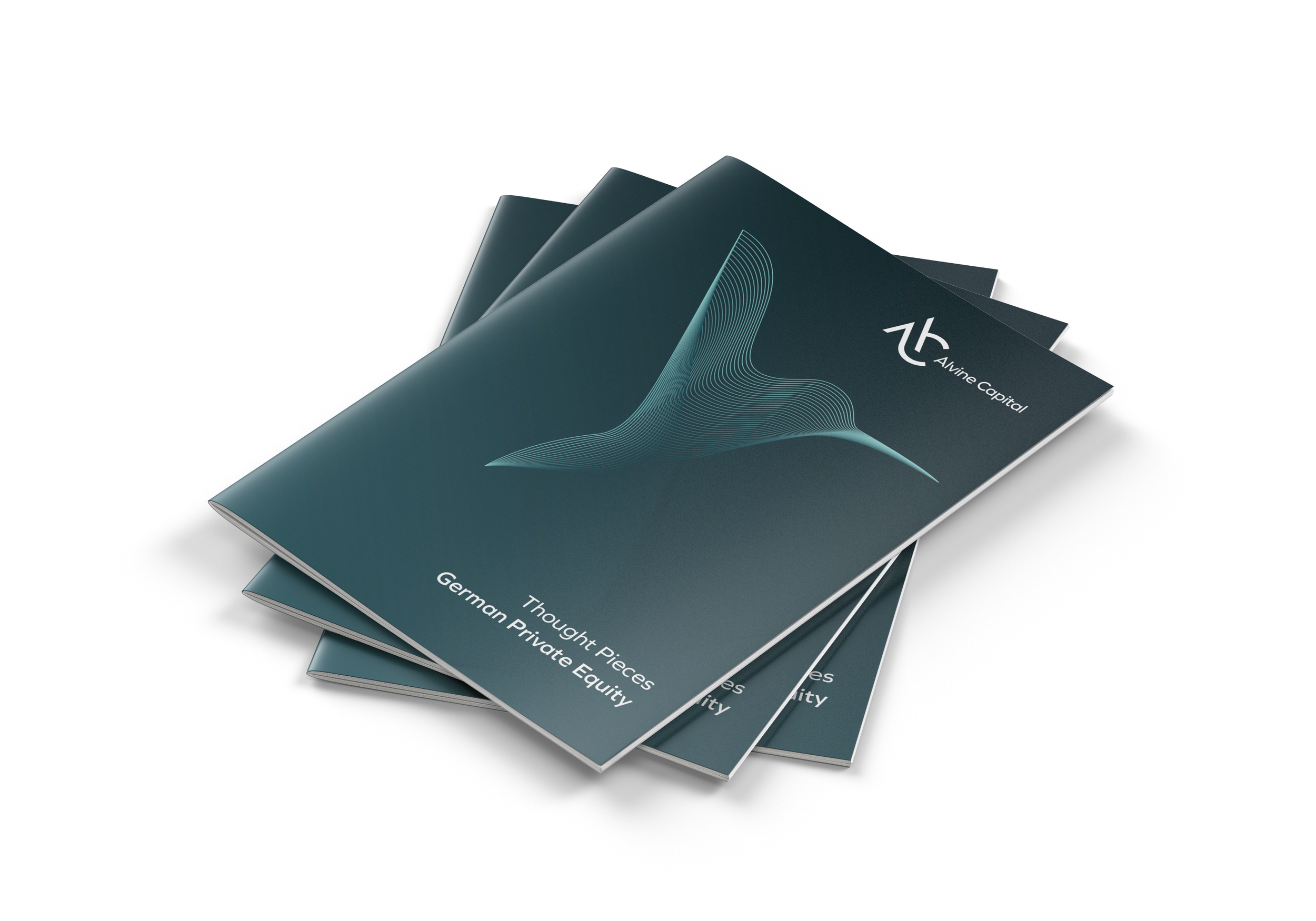 A stack of dark blue brochures with a wave-like line design and white text that reads "Thought Pieces, German Private Equity" and a logo with the initials "AC" and the words "Avine Capital."