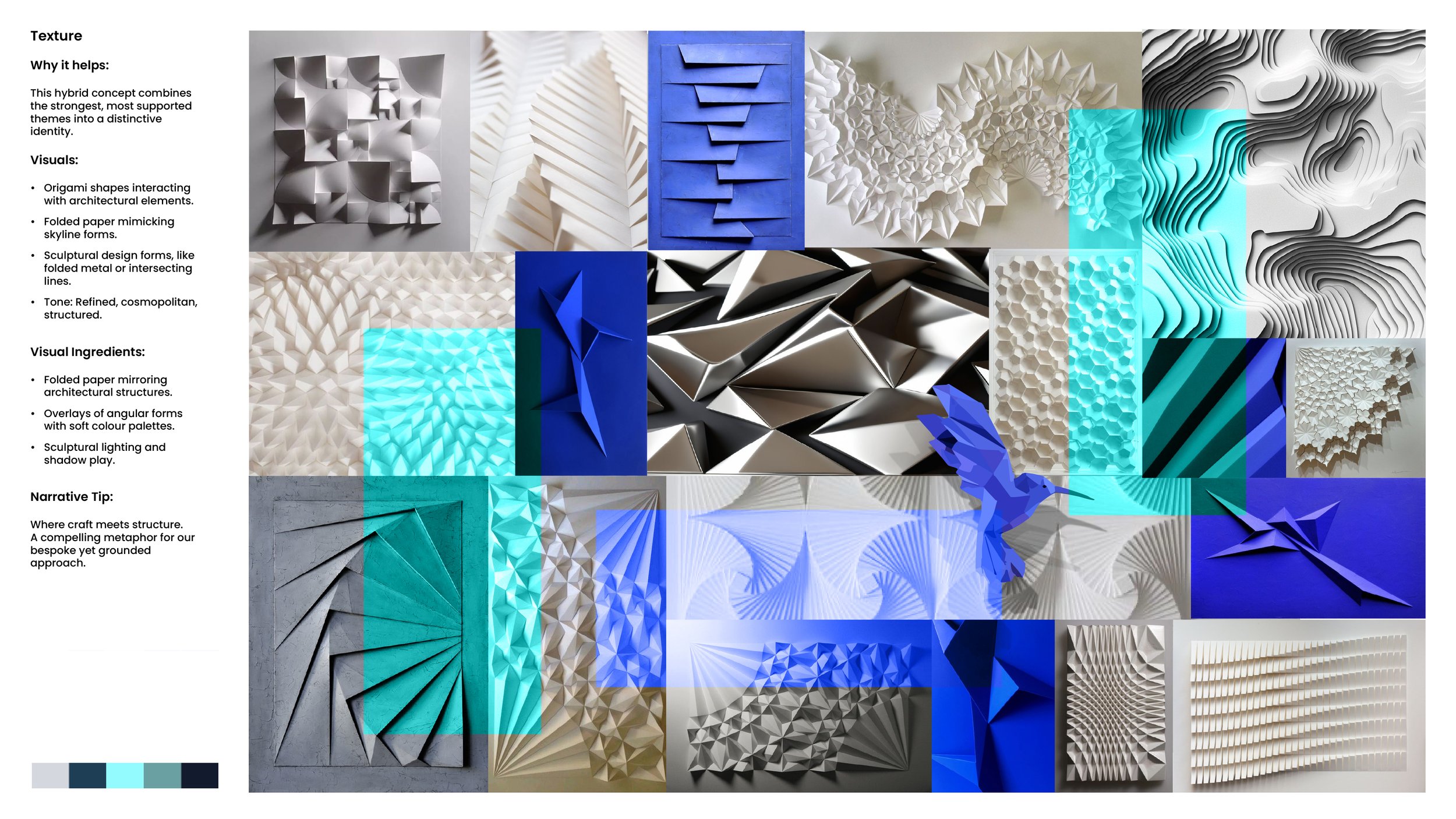 A collection of architectural and artistic paper modeling images in shades of white, gray, black, and blue, showcasing origami shapes, folded structures, layered forms, and shadow play, with an accompanying text explaining the concept, visuals, and sensory details.
