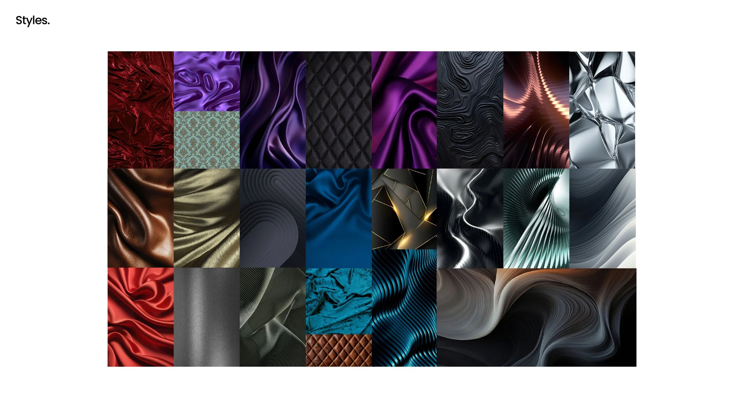 Collection of various fabric textures and patterns in different colors, including red, purple, black, gold, blue, silver, and gray, with different materials like satin, leather, velvet, and metallics.
