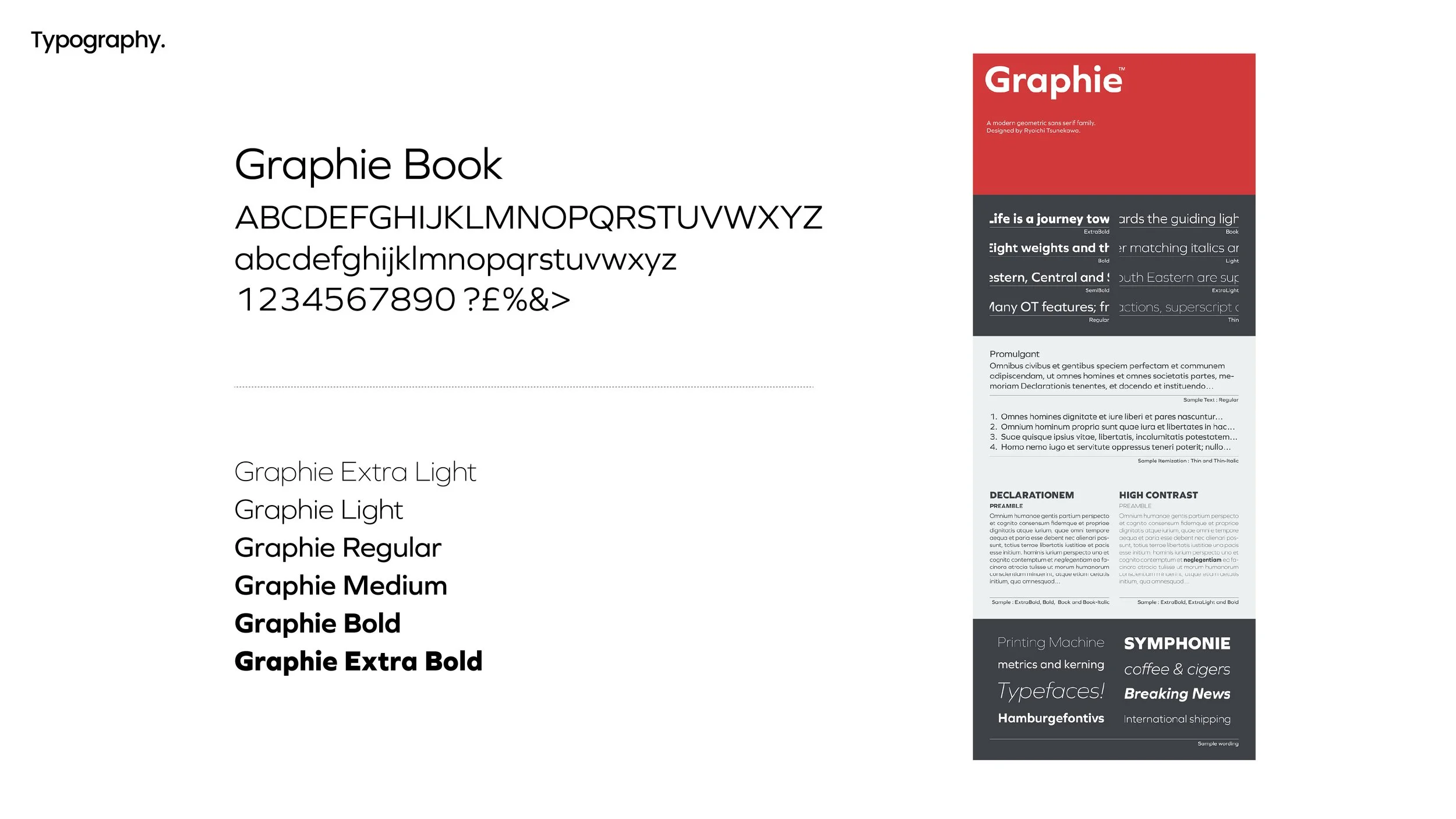 Page showcasing different typography styles and font options, including Graphie Book, Graphie Extra Light, Graphie Light, Graphie Regular, Graphie Medium, Graphie Bold, Graphie Extra Bold, and Graphie Extra Bold, with an image of a typographic style guide on the right.
