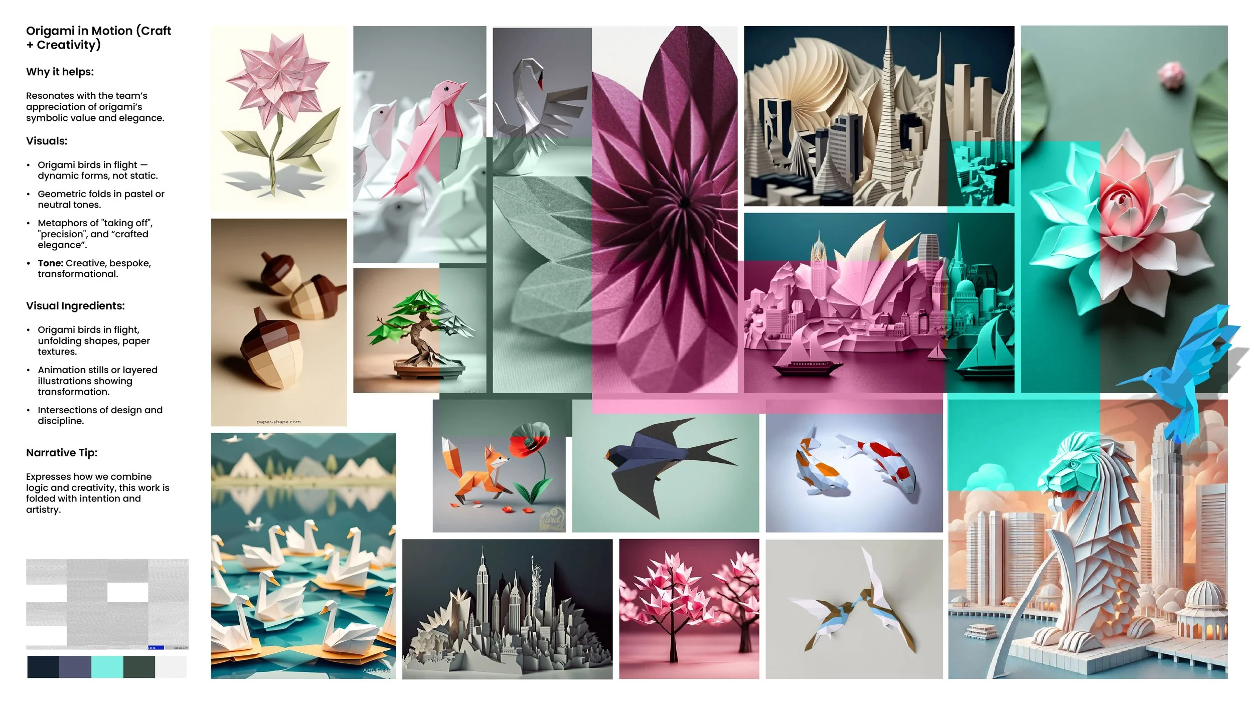 Collage of various origami art examples including animals like birds and foxes, flowers, cityscapes, and abstract shapes, illustrating craft, creativity, and design.