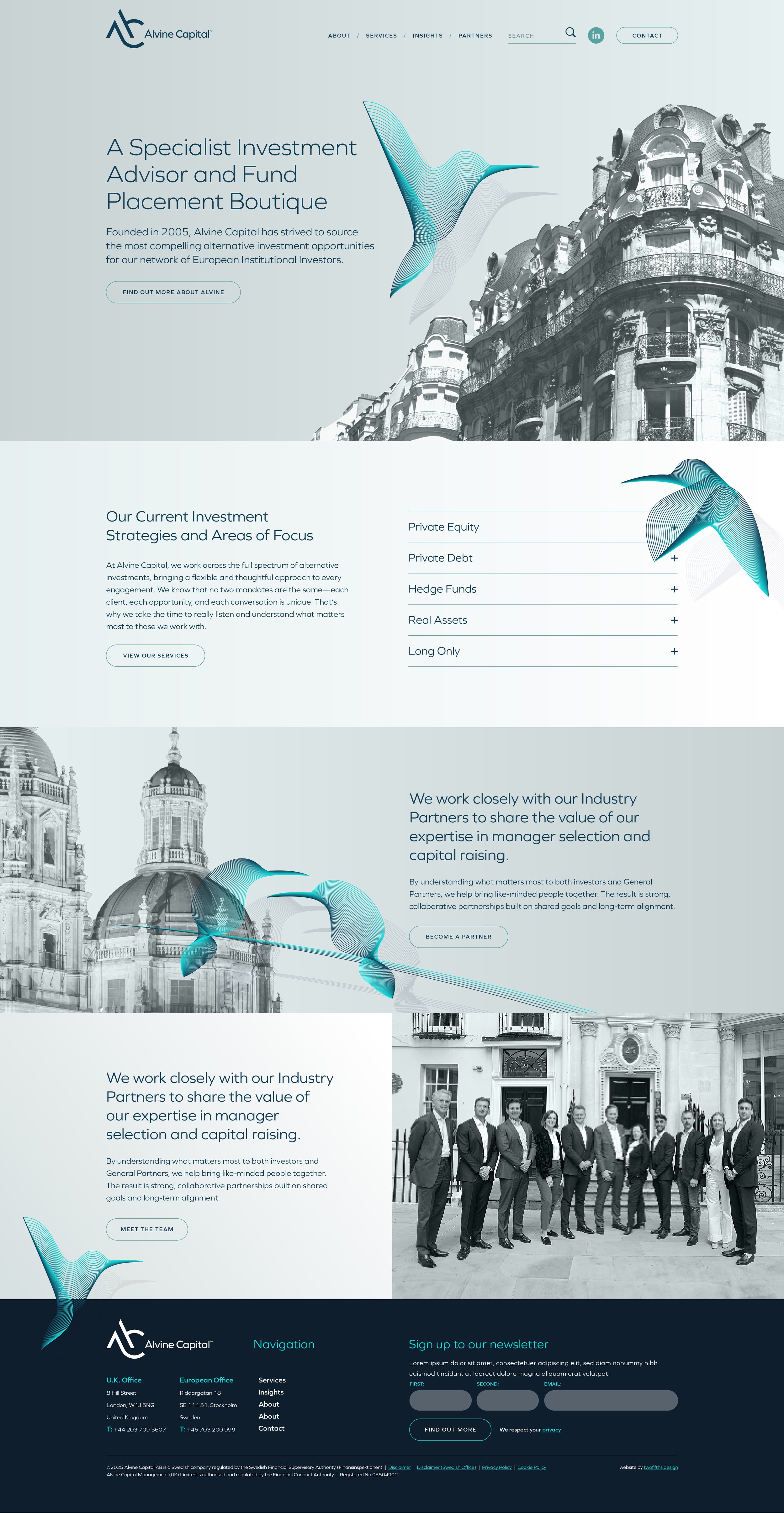 Homepage of Alvine Capital's website with investment services, featuring a cityscape backdrop, modern logo, and navigation menu with sections for services, insights, and partners.