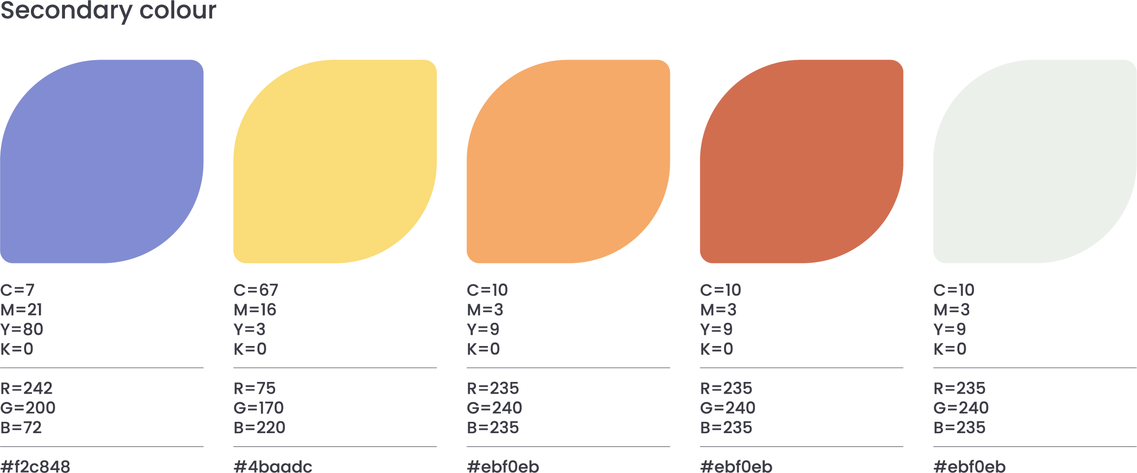 SkillSeeder secondary colour palette, five swatches with CMYK, RGB and hex values
