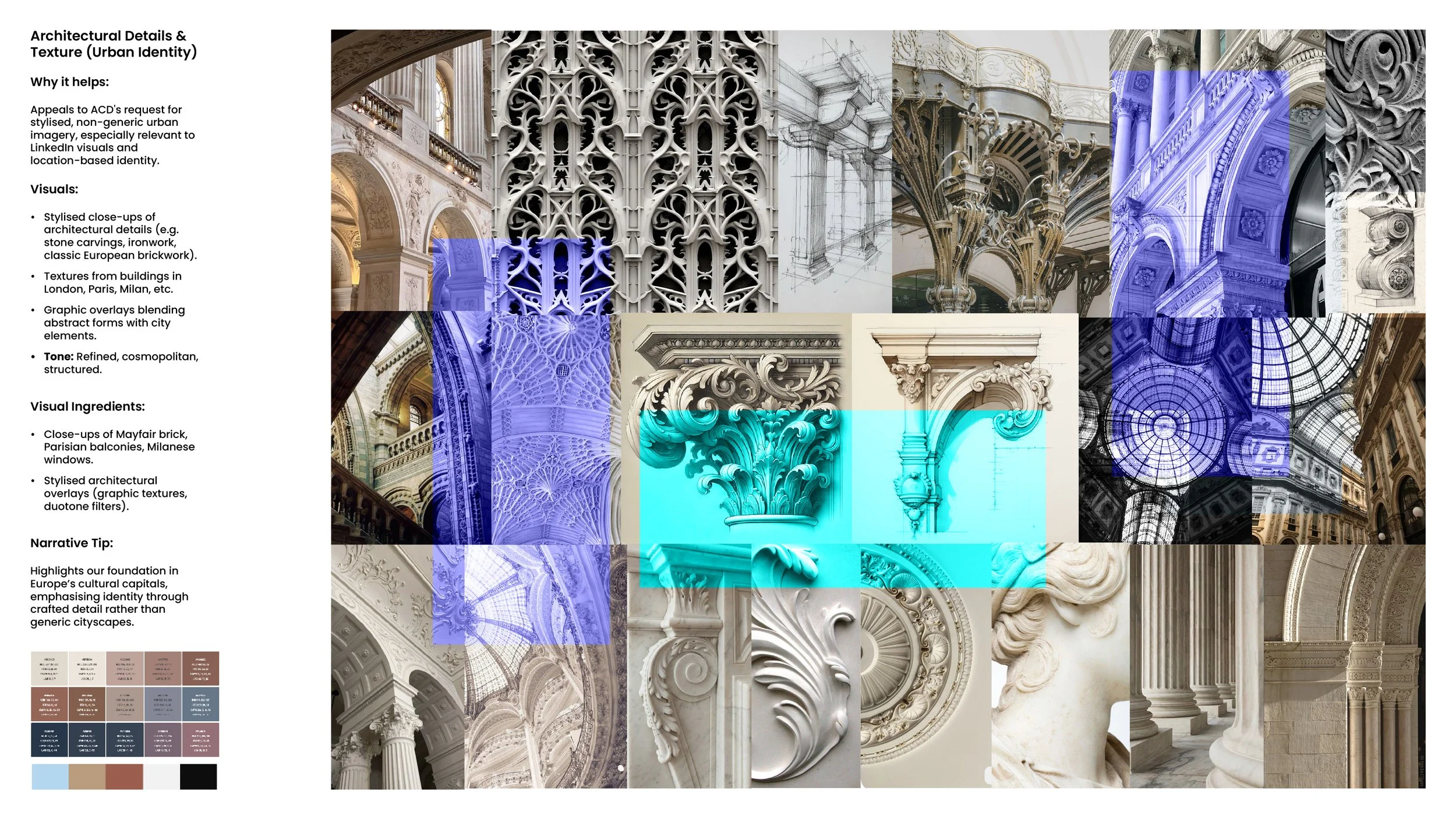 A collage of architectural details including intricate stone carvings, Corinthian columns, building textures from London, Paris, Milan, and sketches of building structures, overlaid with graphic patterns blending abstract forms with city elements, in a predominantly neutral color palette with shades of white, beige, gray, and accents of blue and brown.