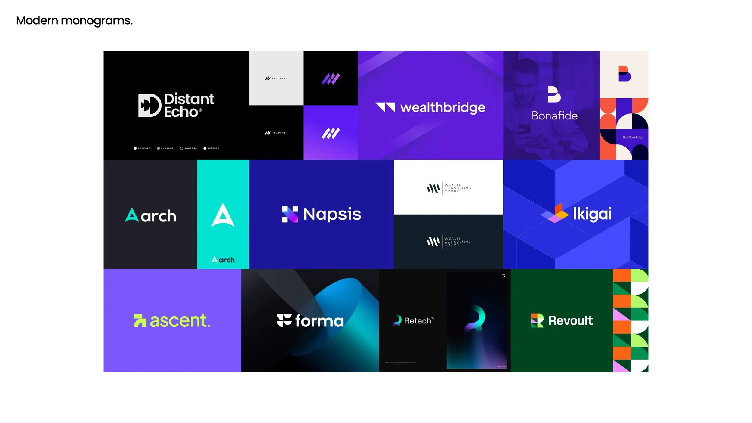 A collage of logos for various modern fintech and technology companies, including Distant Echo, Wealthbridge, Bonafide, Arch, Napsis, Ikigai, Ascent, Forma, Retech, Revolut, among others, arranged in a grid pattern with a mix of dark and bright backgrounds.