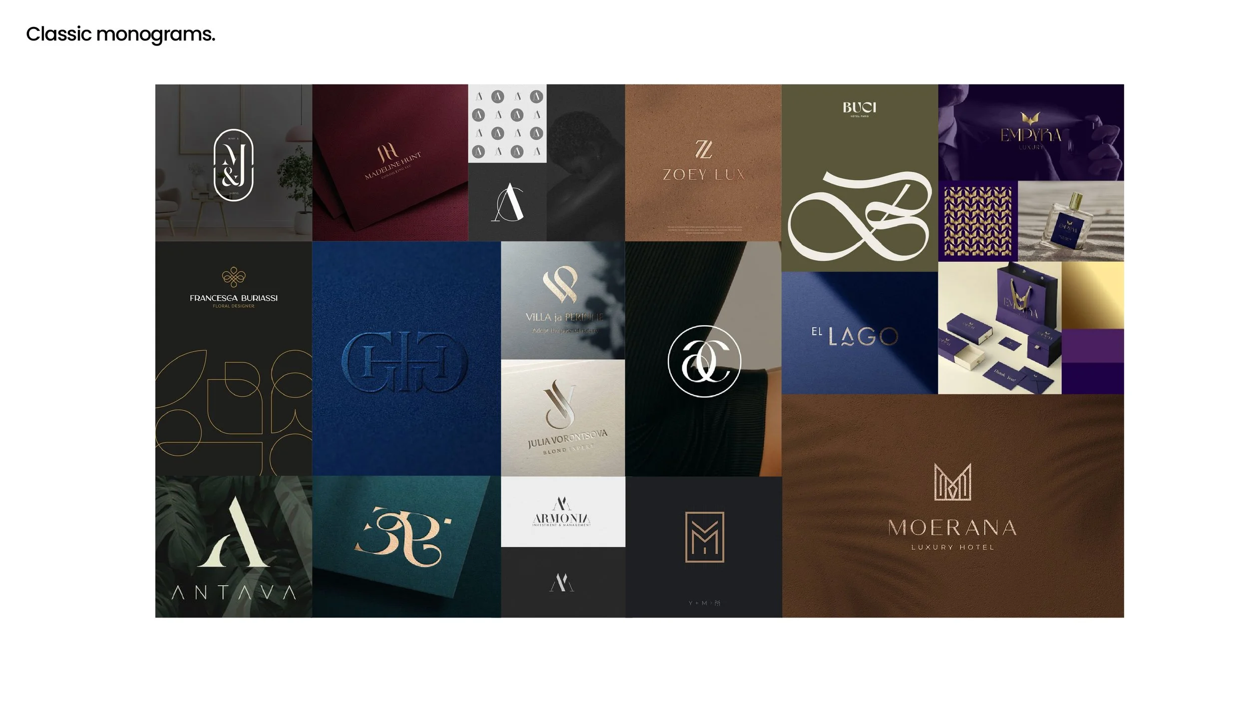 Collage of various luxury brand logos and branding designs, with some featuring monograms, elegant fonts, and packaging.