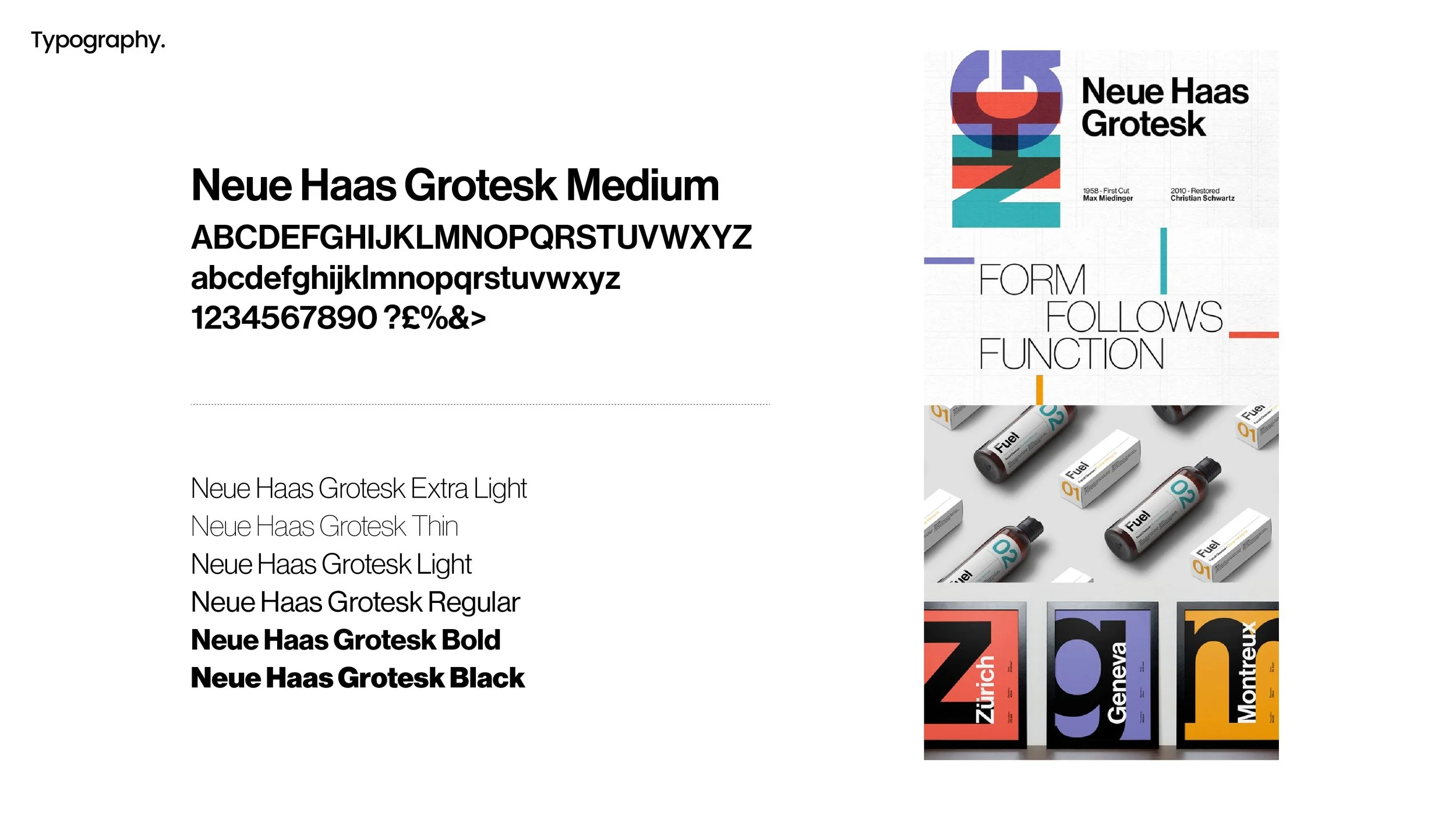 A design presentation showcasing typography styles, including various fonts like Neue Haas Grotesk in different weights, and a collage of colorful book covers with bold numbers and city names.