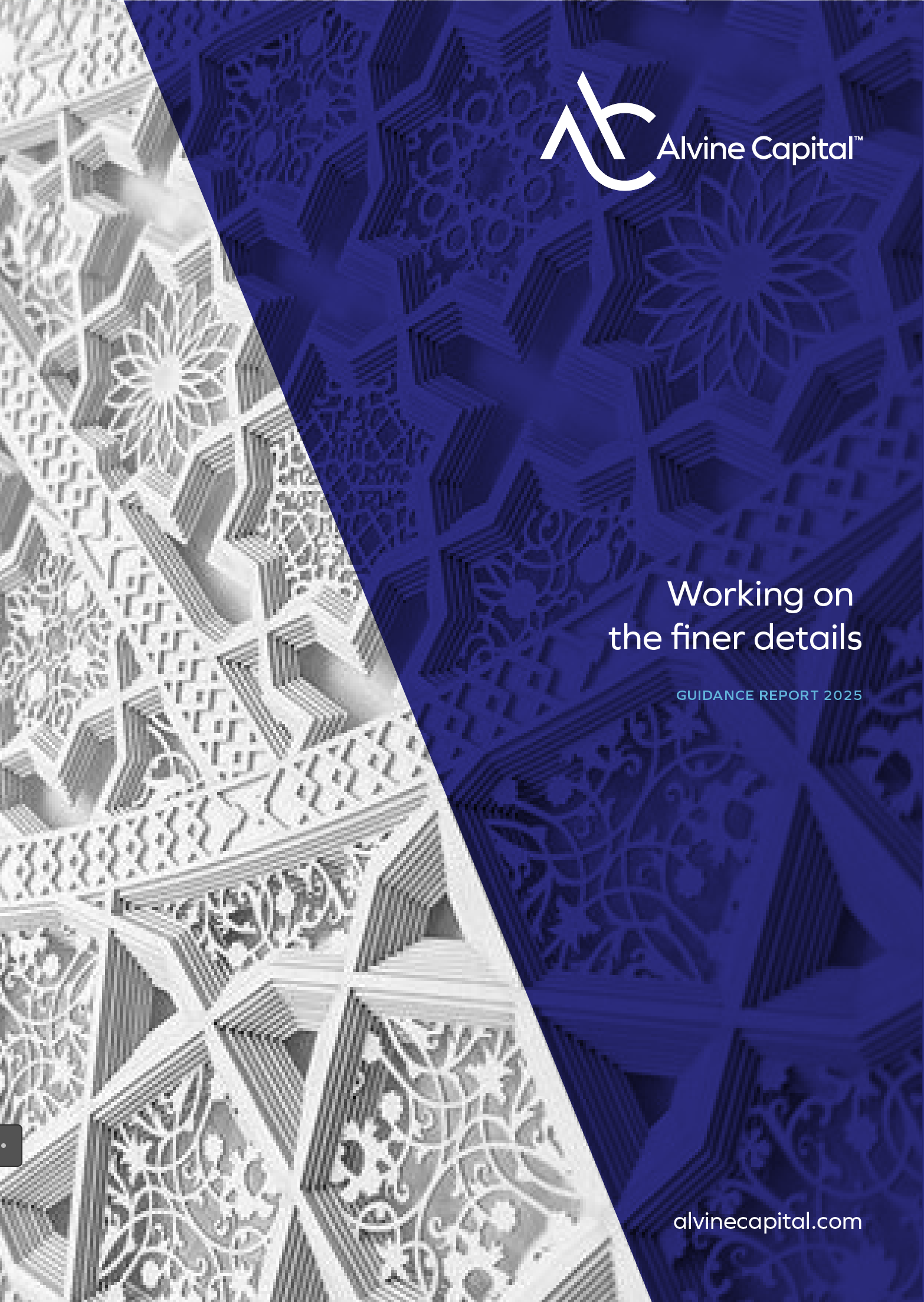 Cover page of a report titled 'Working on the finer details' by Alvine Capital, with intricate geometric patterns in white and dark blue.