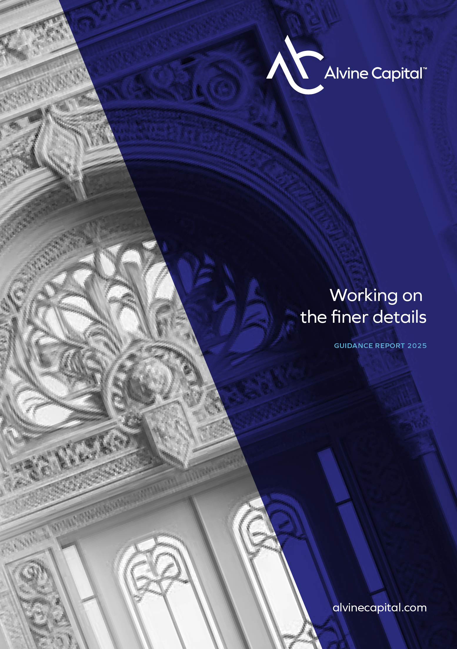 Close-up of an ornate technical or architectural drawing on a window or glass with a blue overlay and the Alvine Capital logo and text 'Working on the finer details', along with the website alvinecapital.com.
