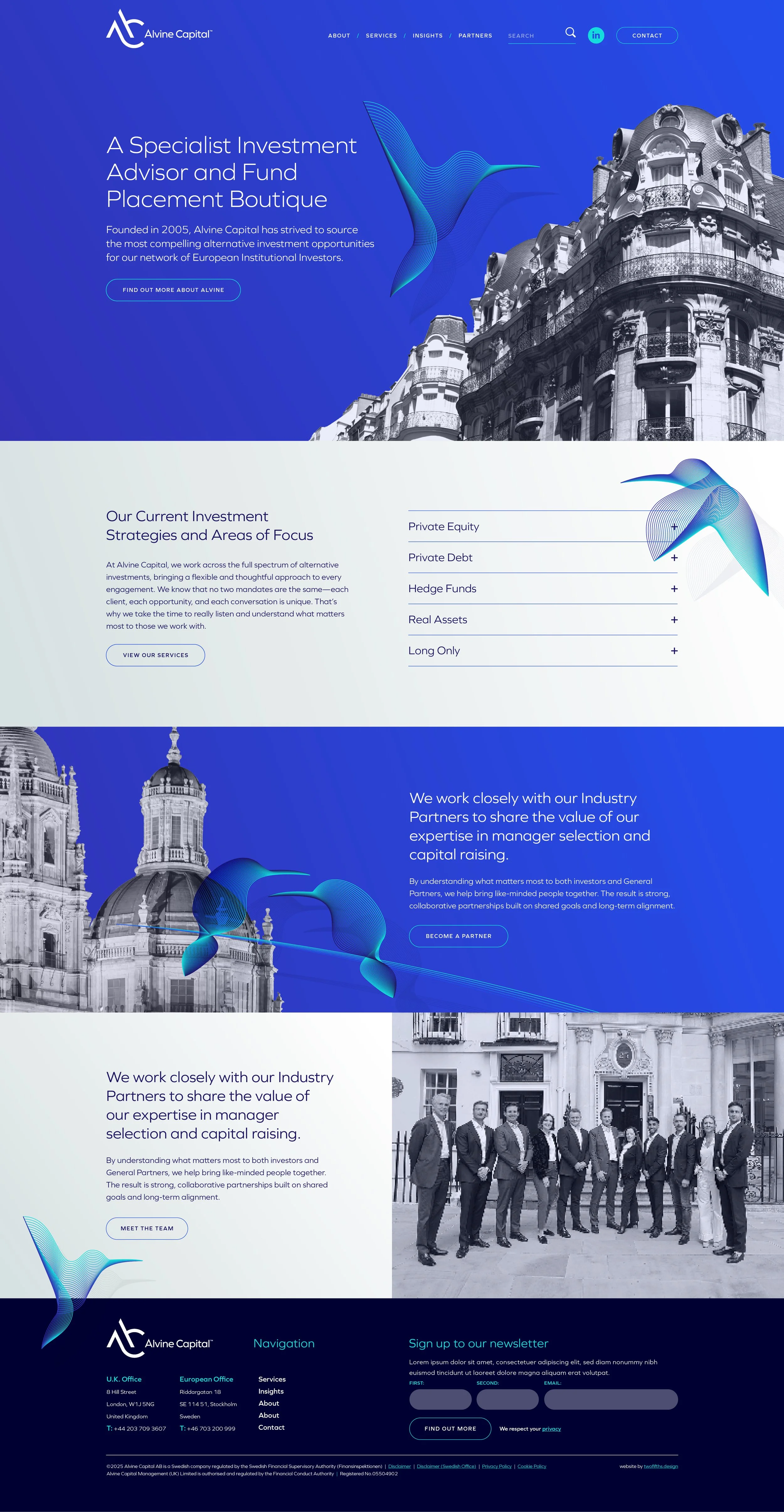 A screenshot of the Alvine Capital website homepage with a blue color scheme, featuring a city building, a stylized bird logo, and sections about investment strategies, services, and team members.