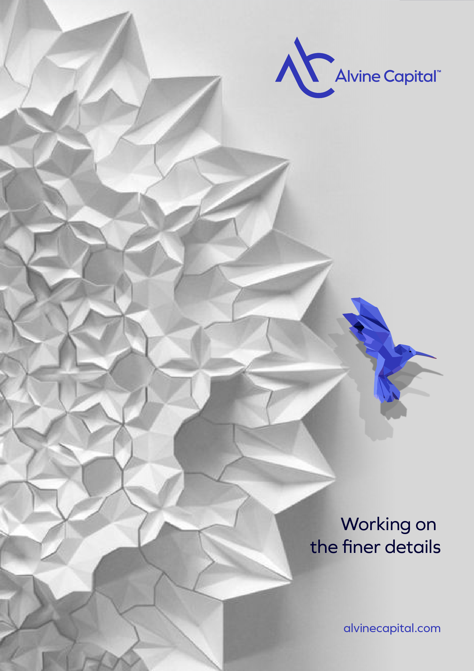 Close-up image of geometric paper sculptures in gray and white shades with a small blue bird figurine in the lower right corner and text that reads "Working on the finer details" and "alvinecapital.com".