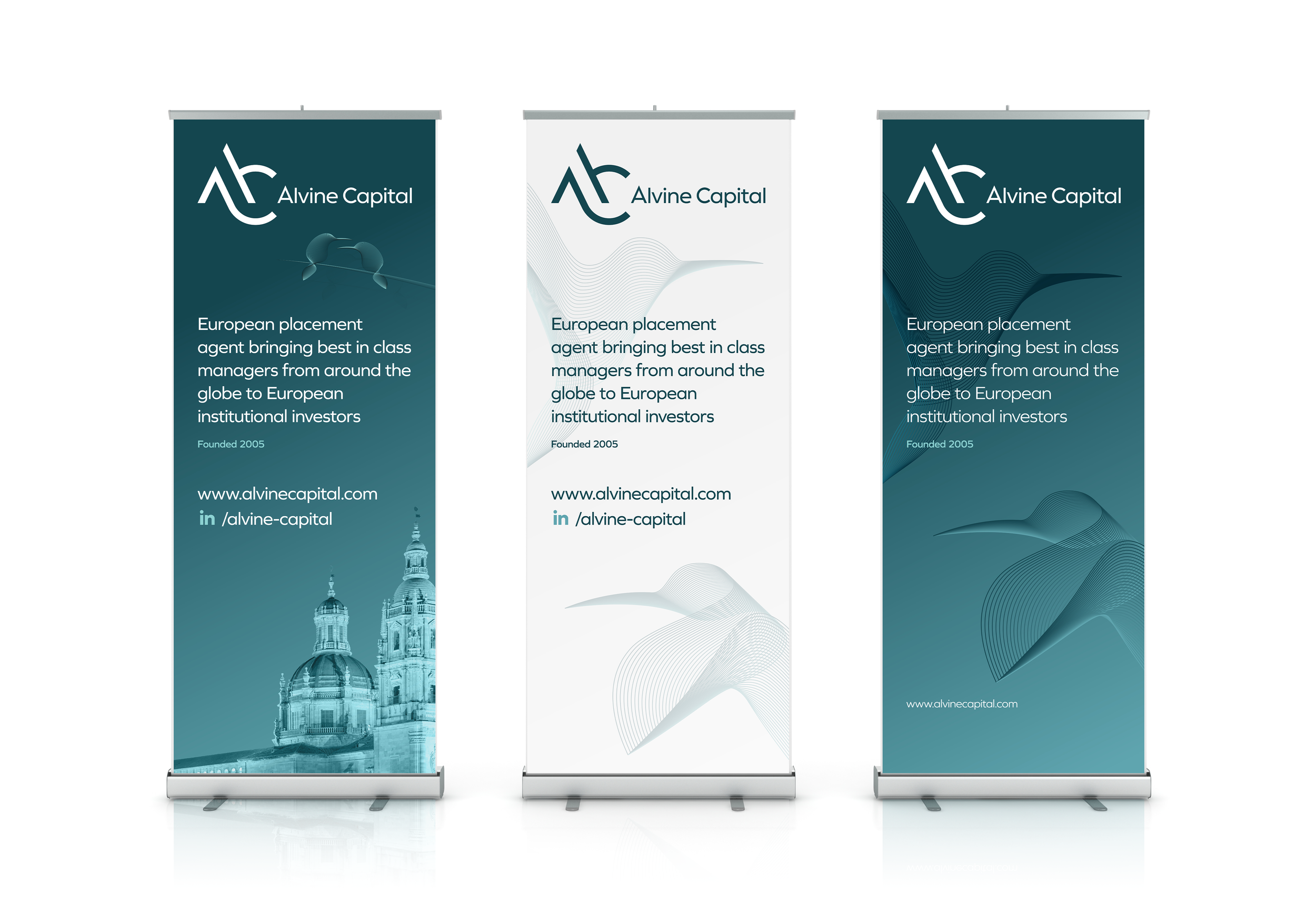 Three vertical banner stands with Alvine Capital branding, featuring logo, text, and graphics in blue and white, placed side by side.