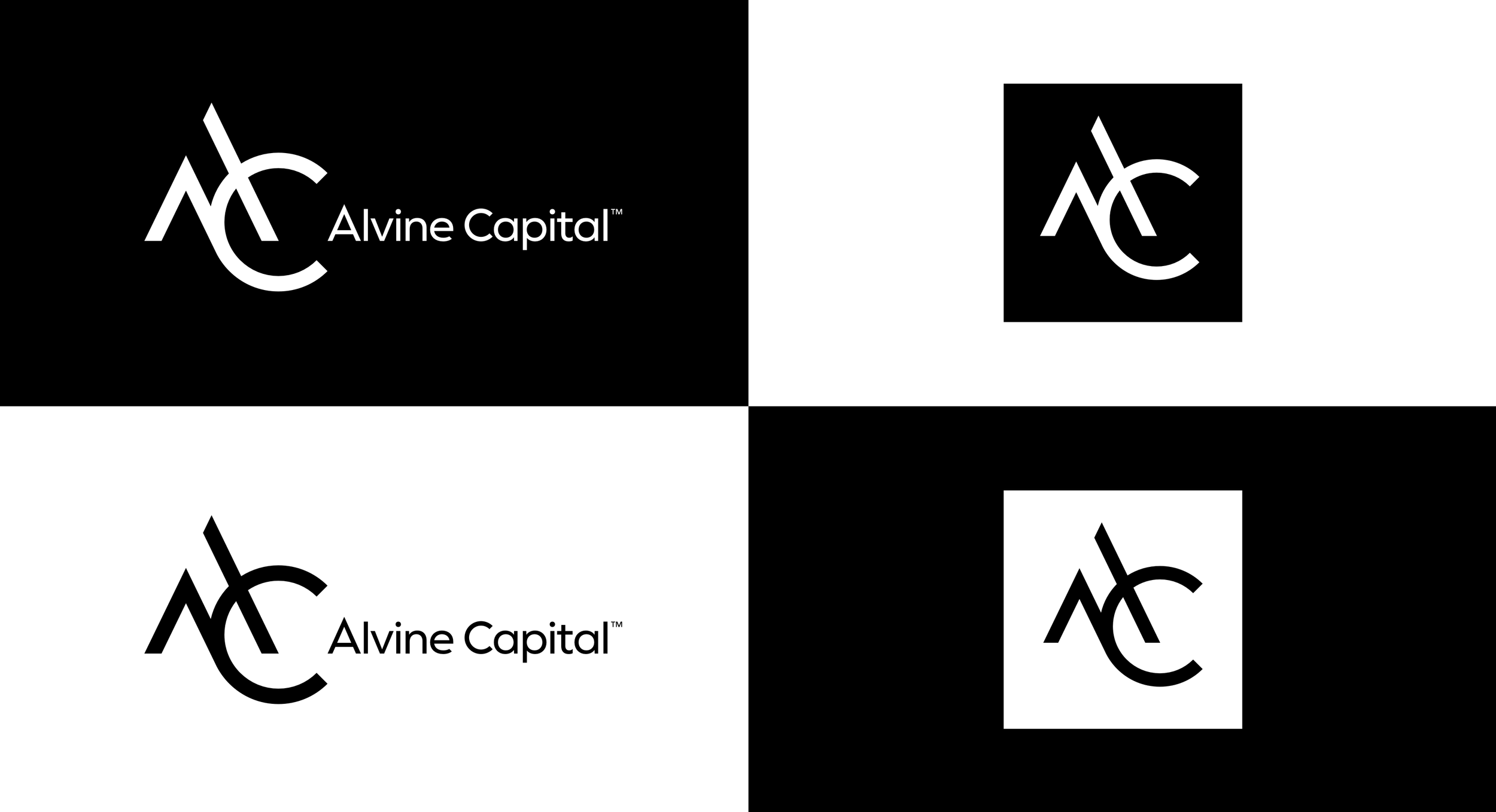 Black-and-white collage of the Alviné Capital logo, which features the letters A and C intertwined, on different backgrounds and styles, including text and icon variations.