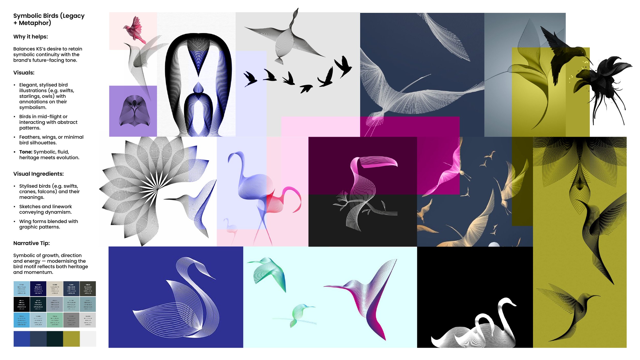 A visual diagram showing various artistic representations of birds, including stylized illustrations, flying formations, feathers, wings, and abstract patterns with annotations explaining their symbolism, style, and tone in relation to heritage and evolution.