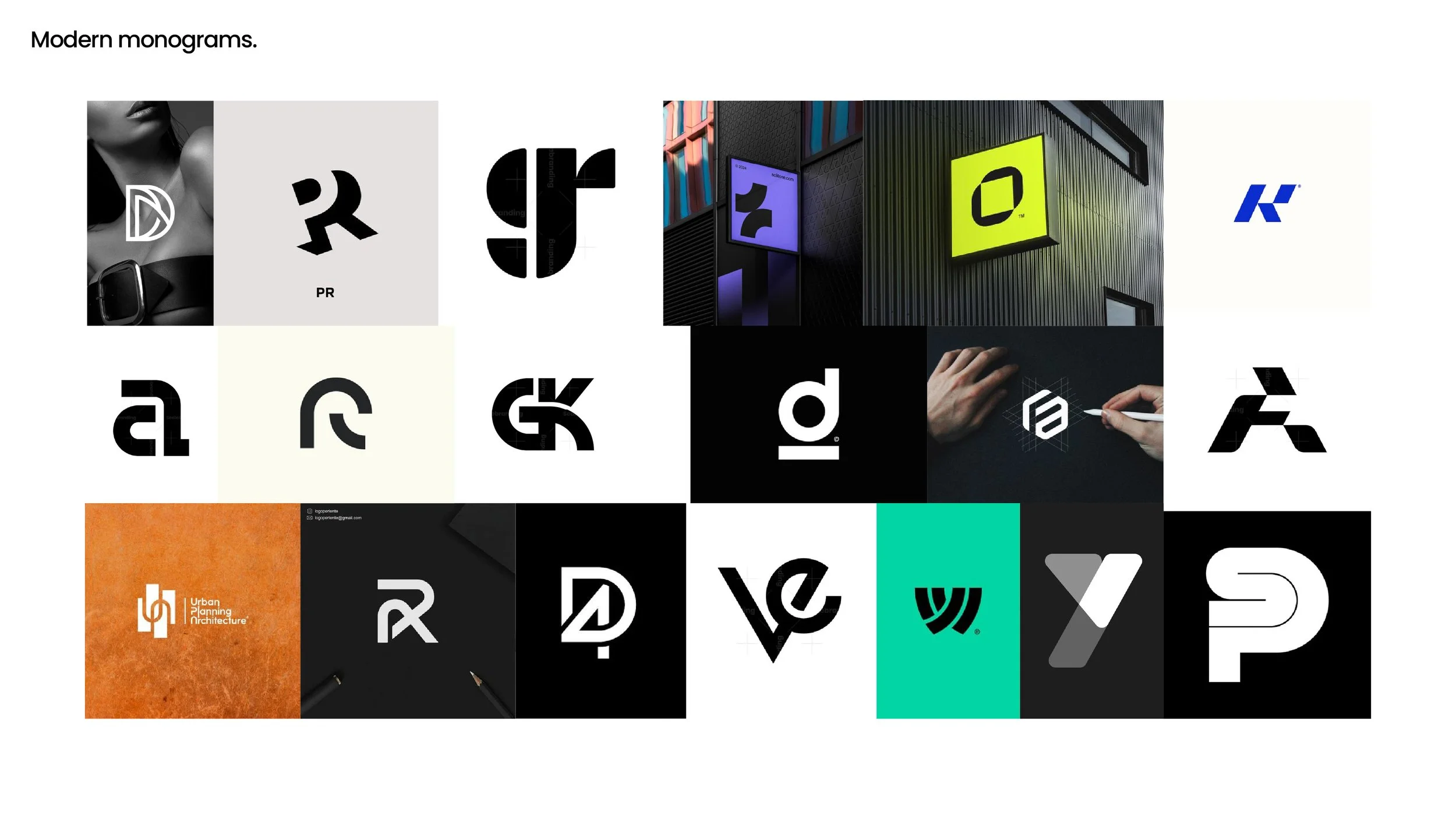 Collage of various modern monogram logos with different styles and color schemes, including black and white, colorful, and textured backgrounds.