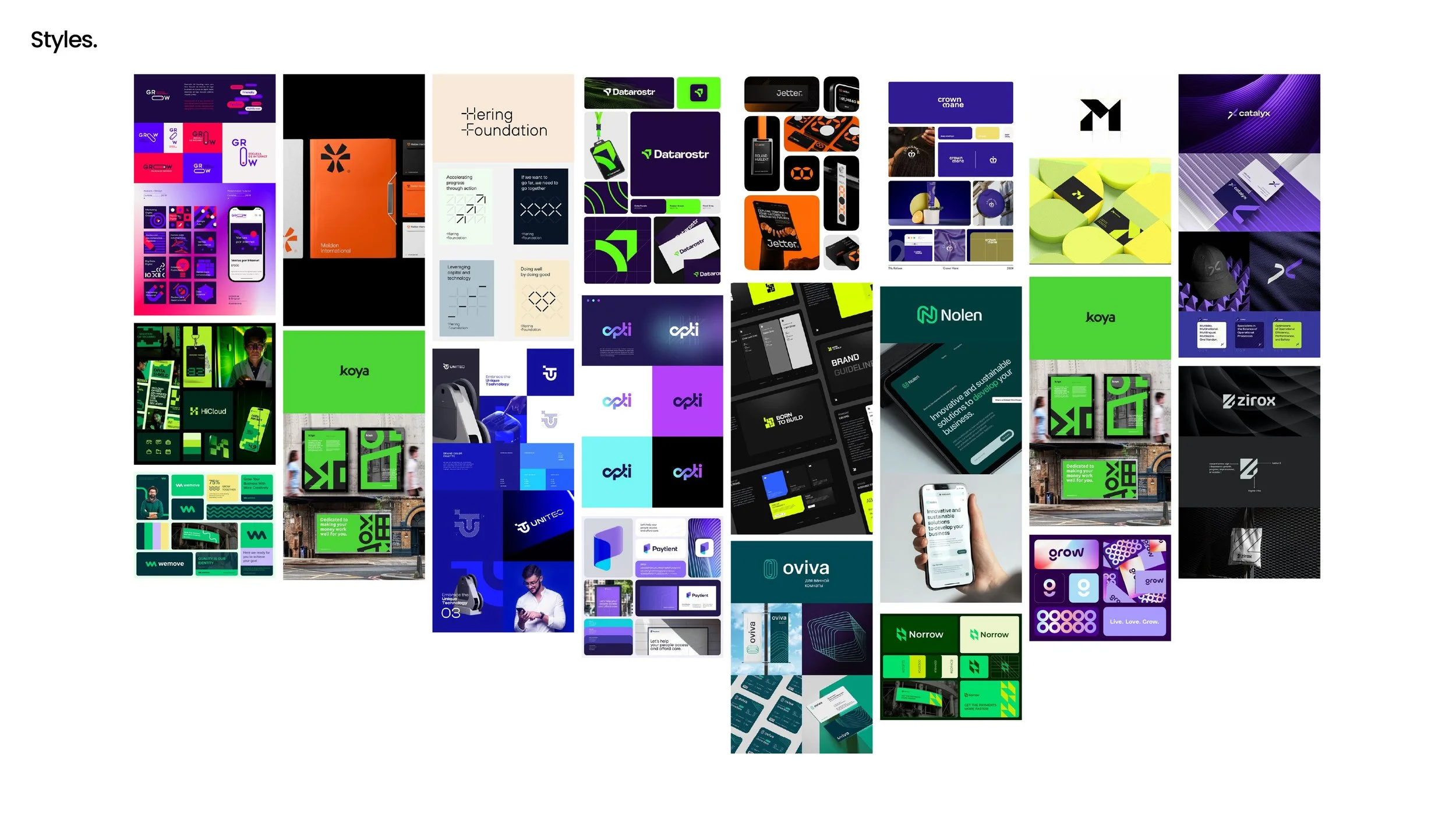 Collage of various branding, app designs, website screenshots, and digital marketing images with a common color palette of purple, green, black, grey, and white.