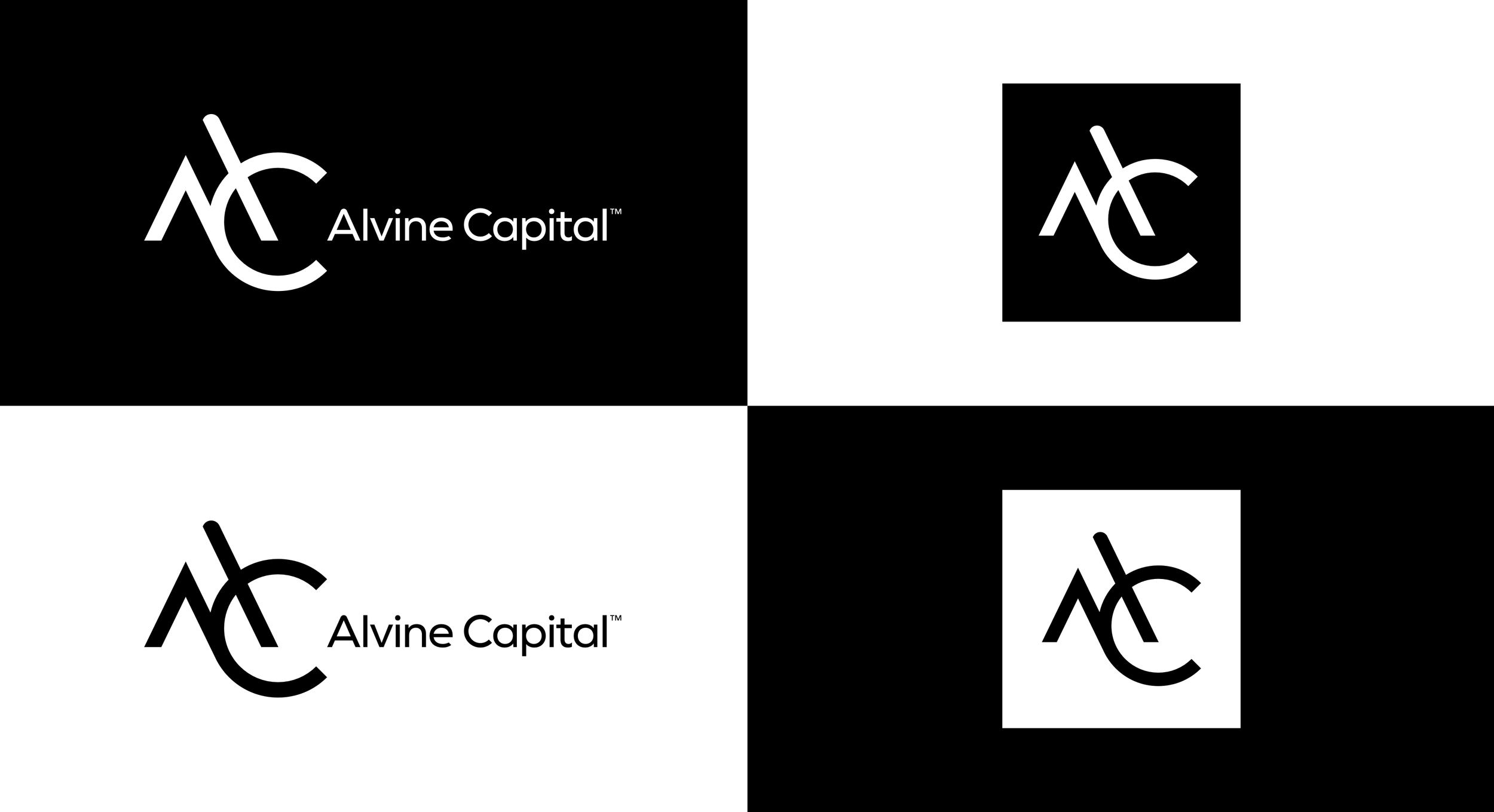 Black and white collage featuring the Alvine Capital logo, which consists of stylized initials 'A' and 'C' with the text 'Alvine Capital' beside it. The collage shows variations of the logo on different backgrounds and layouts.