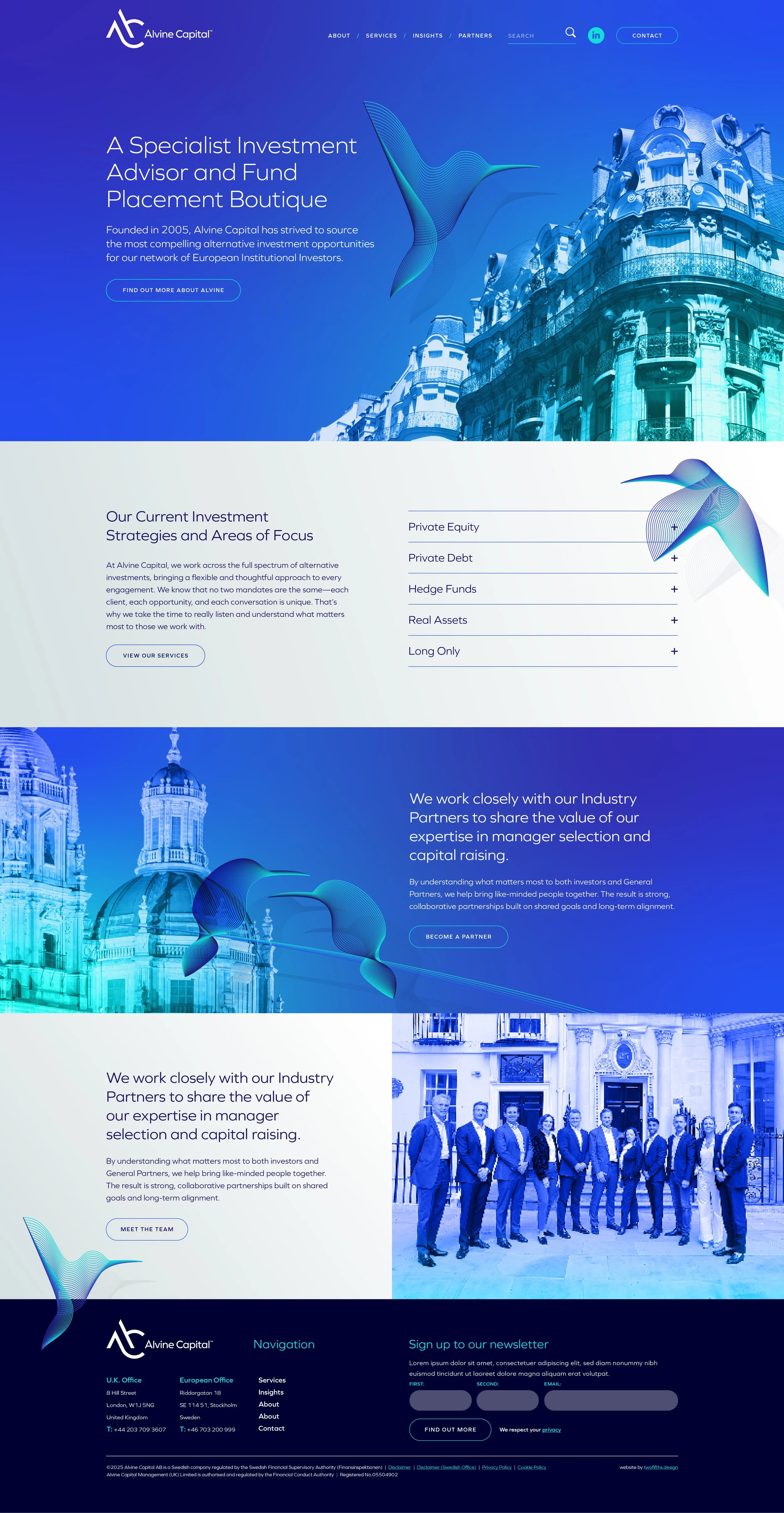 Homepage of Alvine Capital's website featuring a blue theme with images of European architecture, digital wave graphics, and information about investment services, strategies, and team members.