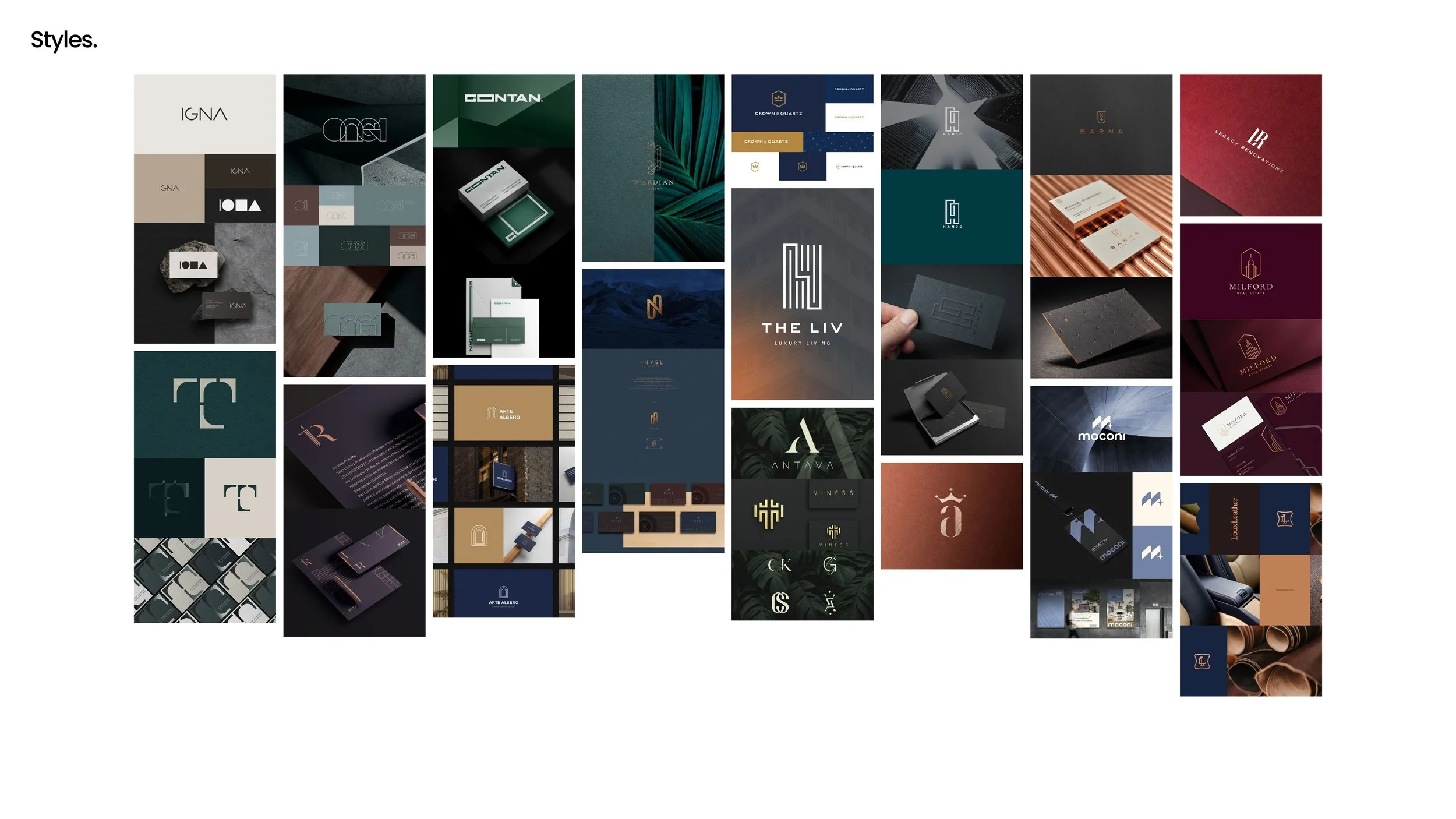 A collage featuring various branded logo designs and packaging mockups for luxury brands and real estate companies, showcasing different styles and color schemes.