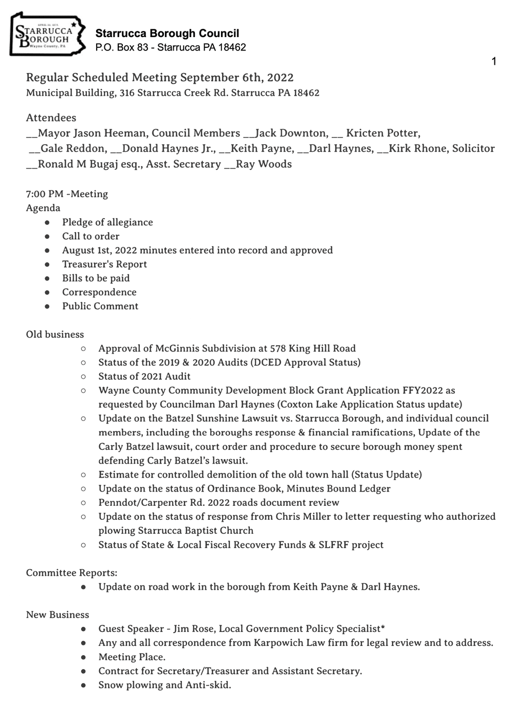 September 6th Regular Council Meeting — Starrucca, PA