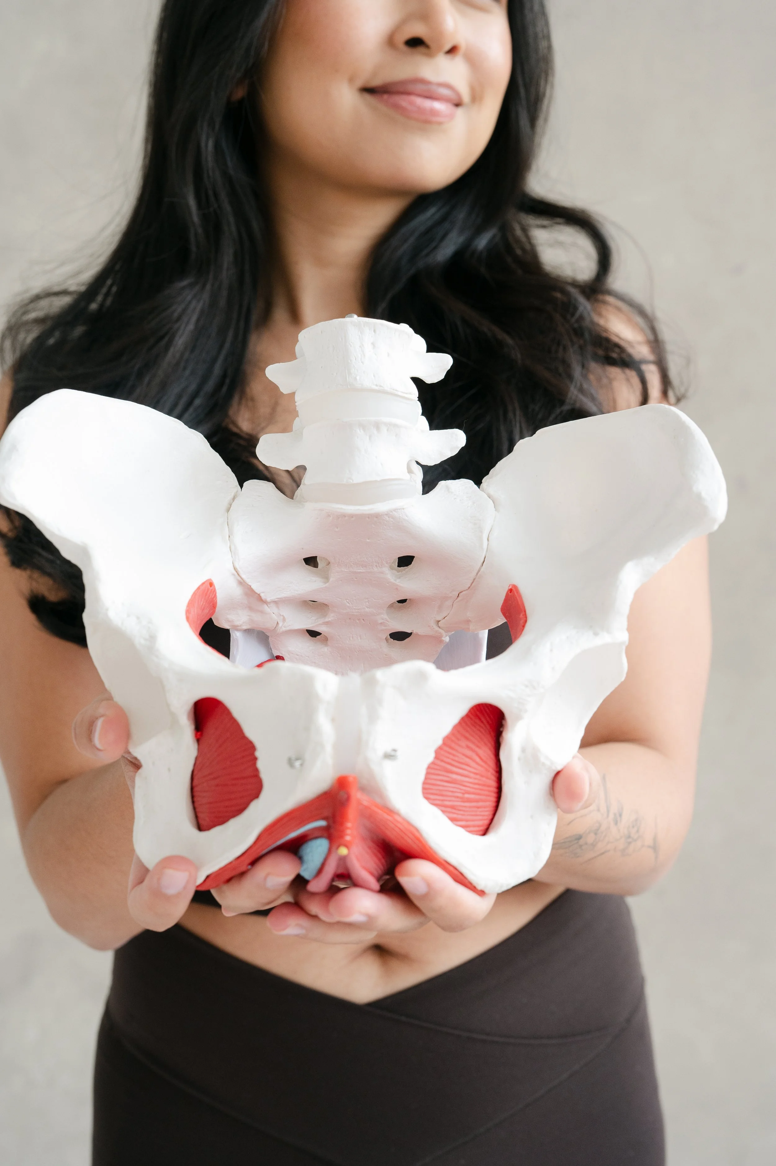 A woman holding a human pelvic skeleton model with the lumbar spine visible behind it.