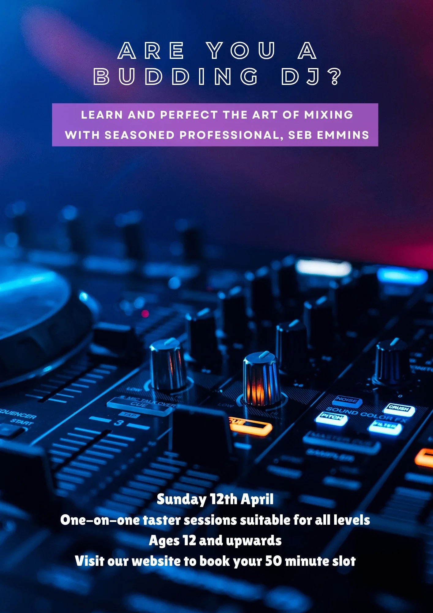 🎧 𝗢𝗻𝗲-𝘁𝗼-𝗢𝗻𝗲 𝗗𝗝 𝗧𝘂𝗶𝘁𝗶𝗼𝗻 &ndash; 𝗔𝗴𝗲𝘀 𝟭𝟮+ 🎶

Ready to learn how to DJ or take your skills to the next level?

Book your 50-minute one-to-one slot on Sunday 12th April and learn from professional DJ @sebemmins. 

Whether you're