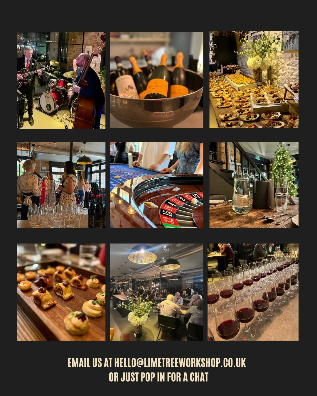 Looking for somewhere a little different for your company Christmas party?

This Christmas, take over LIME TREE WORK SHOP for your own private festive celebration.

Whether you&rsquo;re planning drinks and canap&eacute;s, a sit-down dinner, or a rela