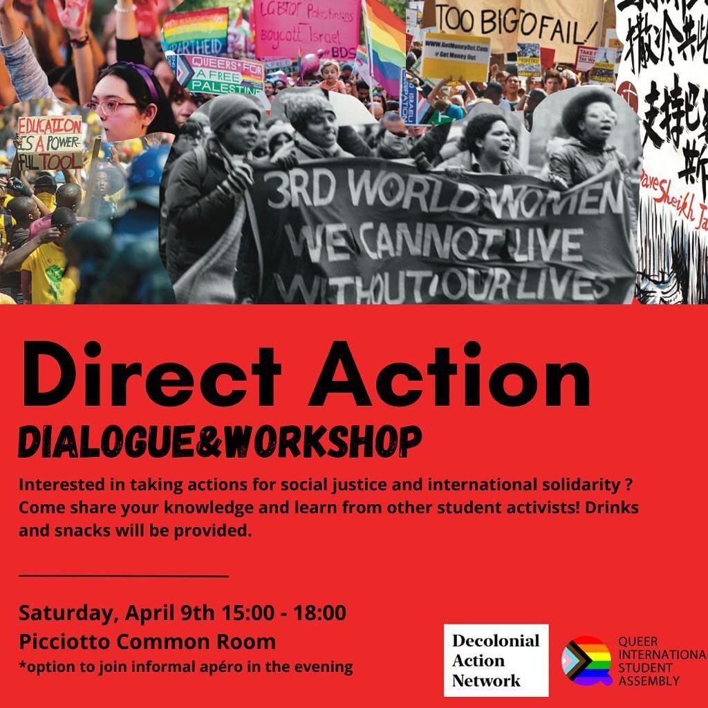 The Decolonial Action Network (DAN) and QISA are proud to be presenting the Direct Action Dialogue &amp; Workshop! 

Please join us on Saturday, April 9th, from 15:00-18:00 @ PCR to discuss, share knowledge, and learn about taking action for social j