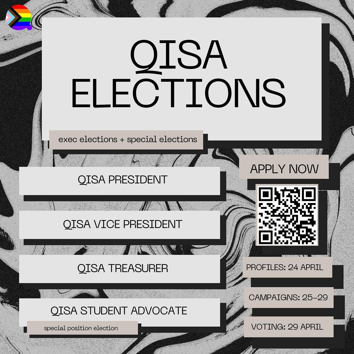 Hello everyone!! 🏳️&zwj;🌈🏳️&zwj;⚧️

We are excited to announce that QISA elections will be happening the end of April!!!

POSITIONS:
President
Vice President
Treasurer
Student Advocate

We HIGHLY encourage anyone and everyone LGBTIQ+, questioning,