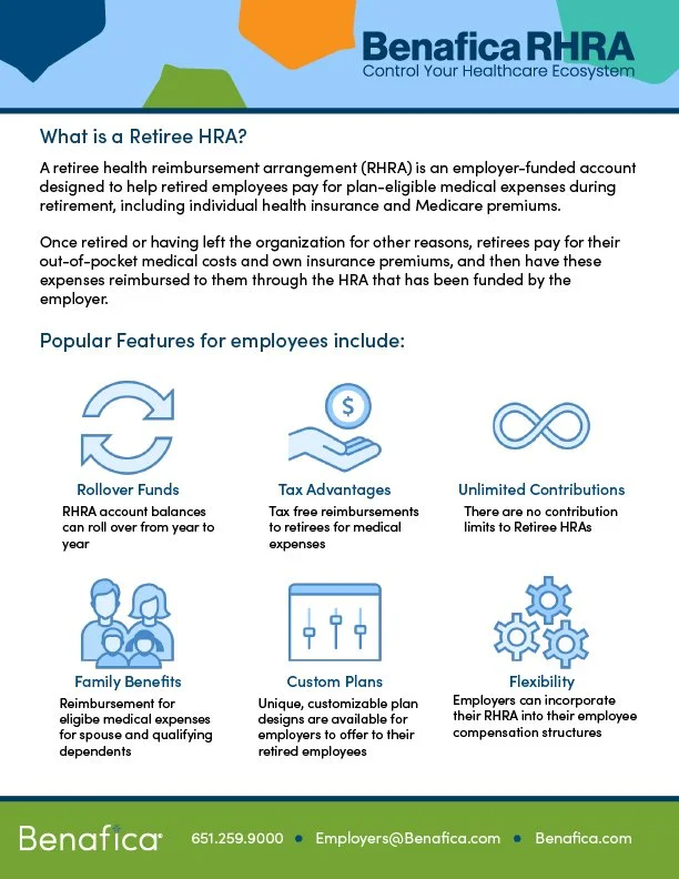 Infographic explaining Retiree Healthcare Reimbursement Arrangement (RHRA) benefits including rollover funds, tax advantages, unlimited contributions, family benefits, custom plans, and flexibility, with contact information at the bottom.