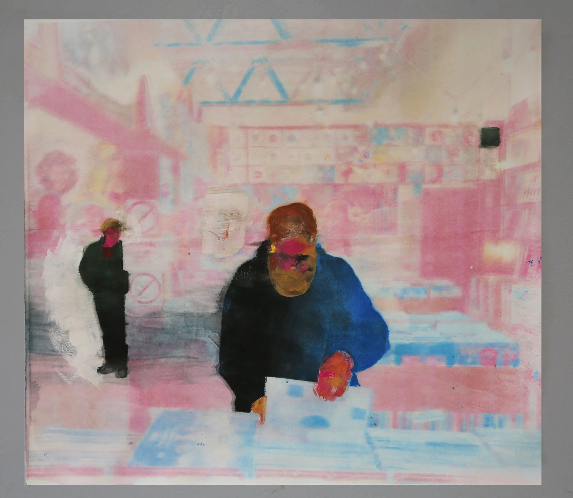 Vinyl Shop. 20x18", monotype, 2025.