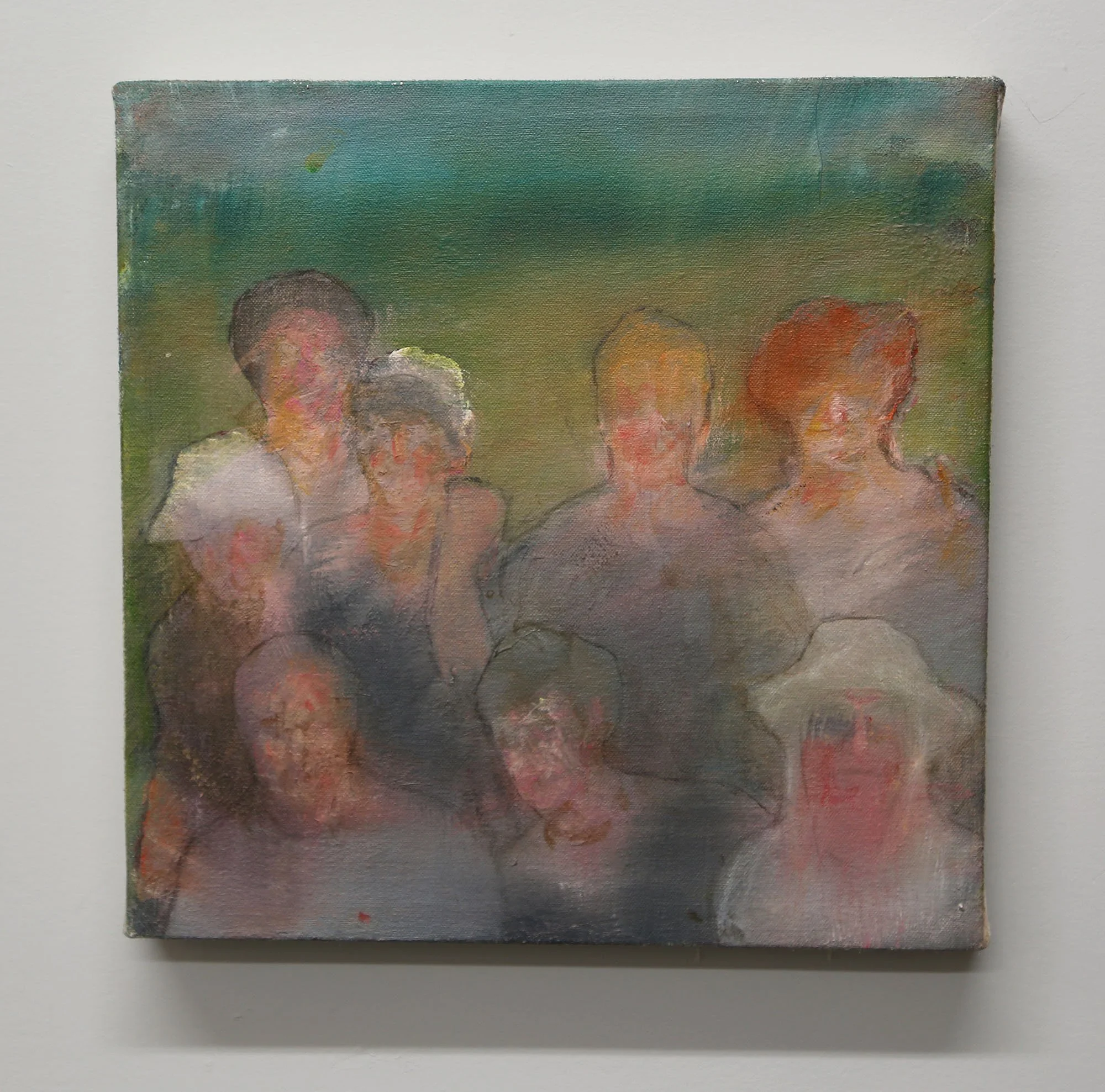Faced. looking. Gathering.  12x12", acrylic on canvas, 2026.