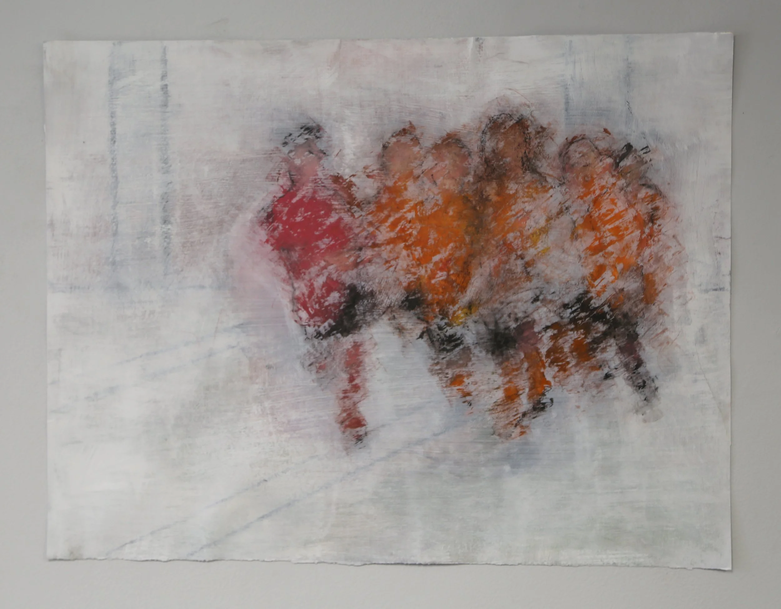 Held. Holding. Gaggled Group. 19x26", Oil pastel, acrylic paint on paper, 2026.