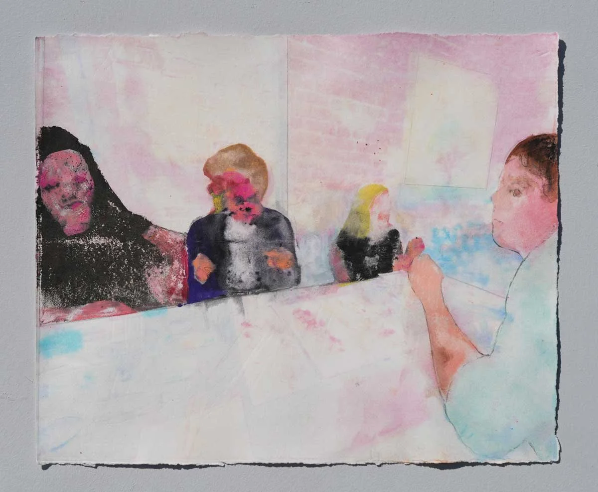 Glance. Smirk. Clench. Eat. 10x12", monotype, 2026.