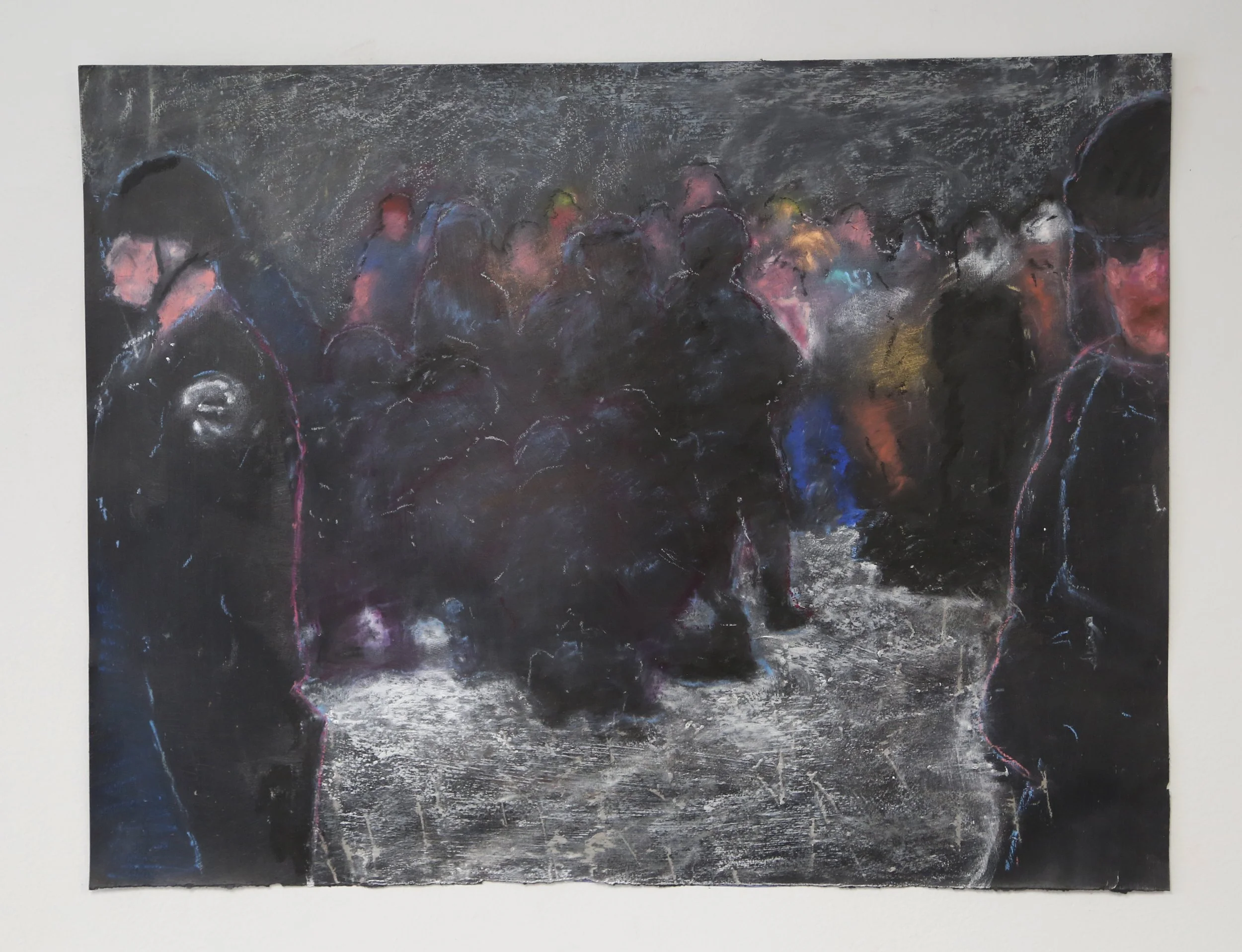Huddled. Forced. Retained Watching. 19x26", oil pastel on paper, 2026.