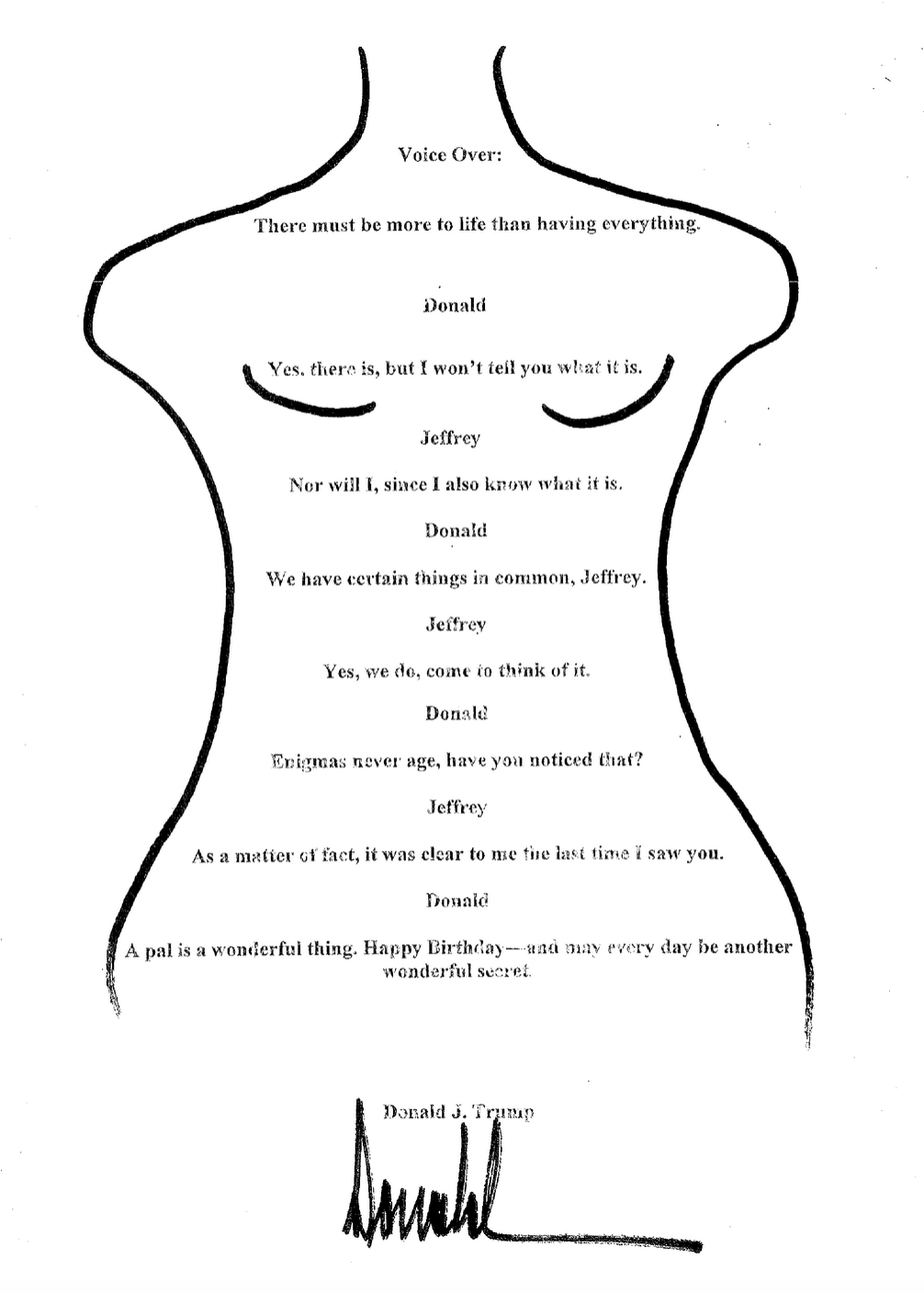 The infamous birthday note from Donald Trump to Epstein (from PBS's website)