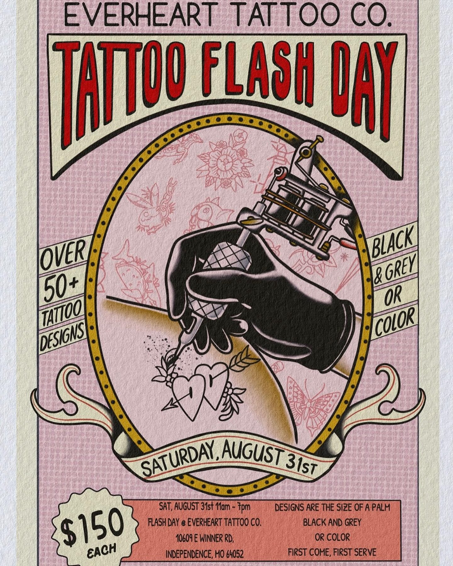 🎉 FLASH DAY ALERT!🎉 

In case you missed out on our last flash day! 

We are having another day SATURDAY, AUGUST 31st, @everhearttattoo we&rsquo;ve added 50+ new designs on top our original designs for an exciting opportunity to get a unique tattoo